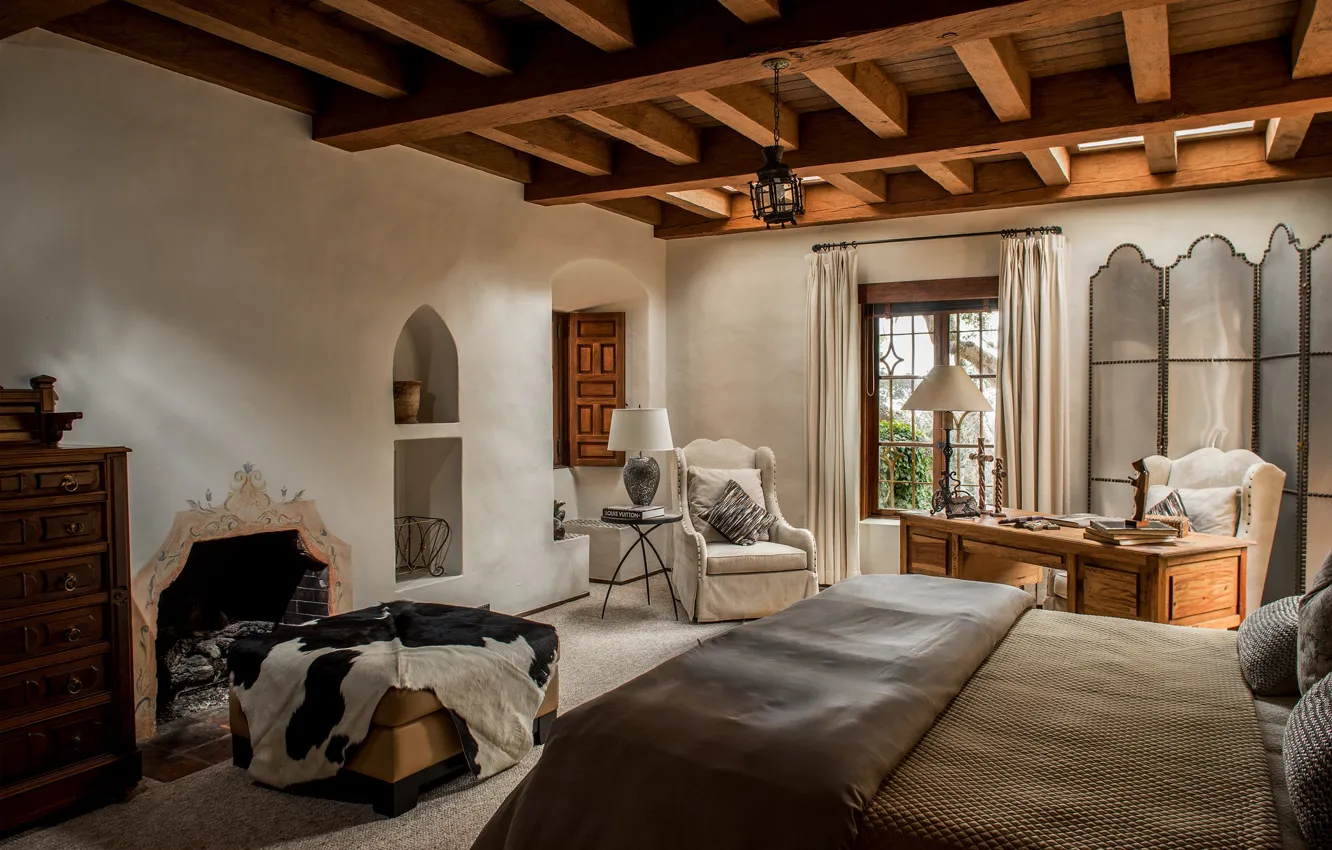 Photo wallpaper table, bed, chair, the ceiling, fireplace, bedroom