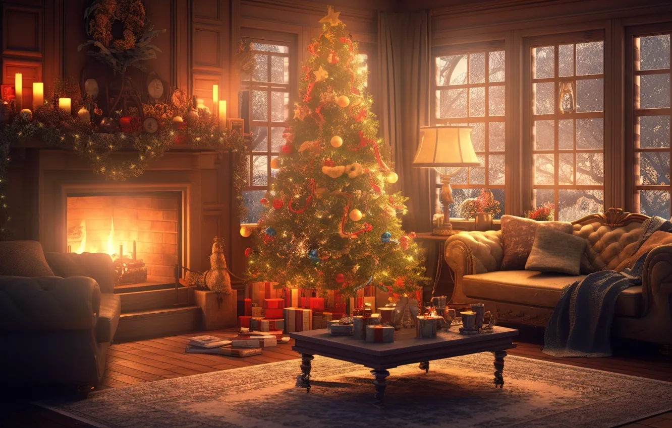 Photo wallpaper winter, decoration, room, gift, balls, tree, new year, interior