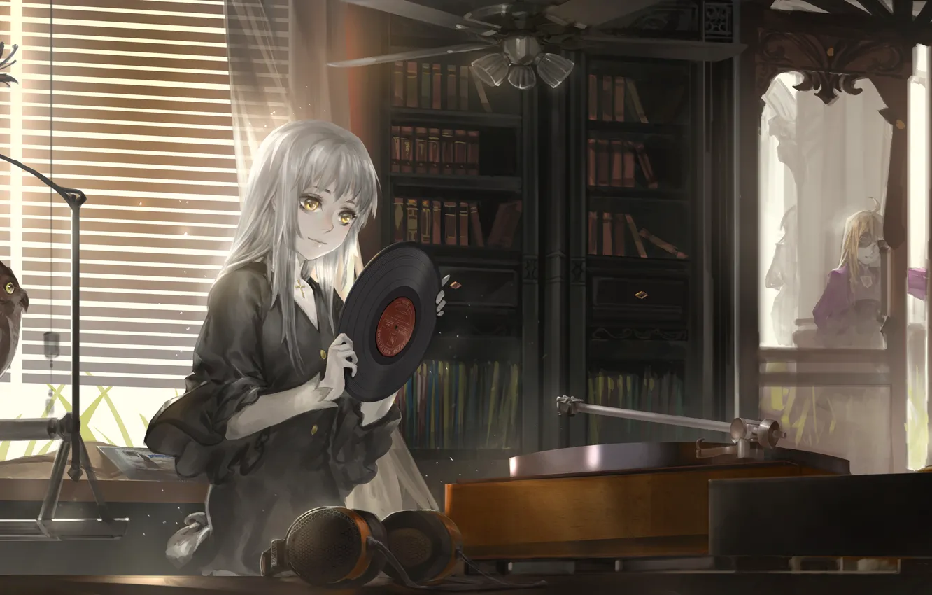 Photo wallpaper girl, smile, owl, books, anime, art, record, guy