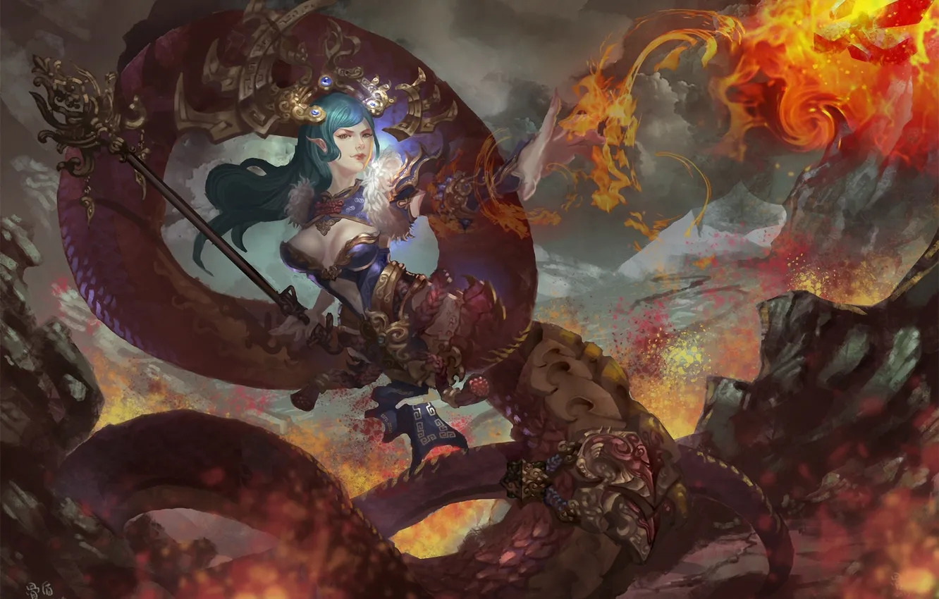 Photo wallpaper girl, magic, snake, art, tail, staff