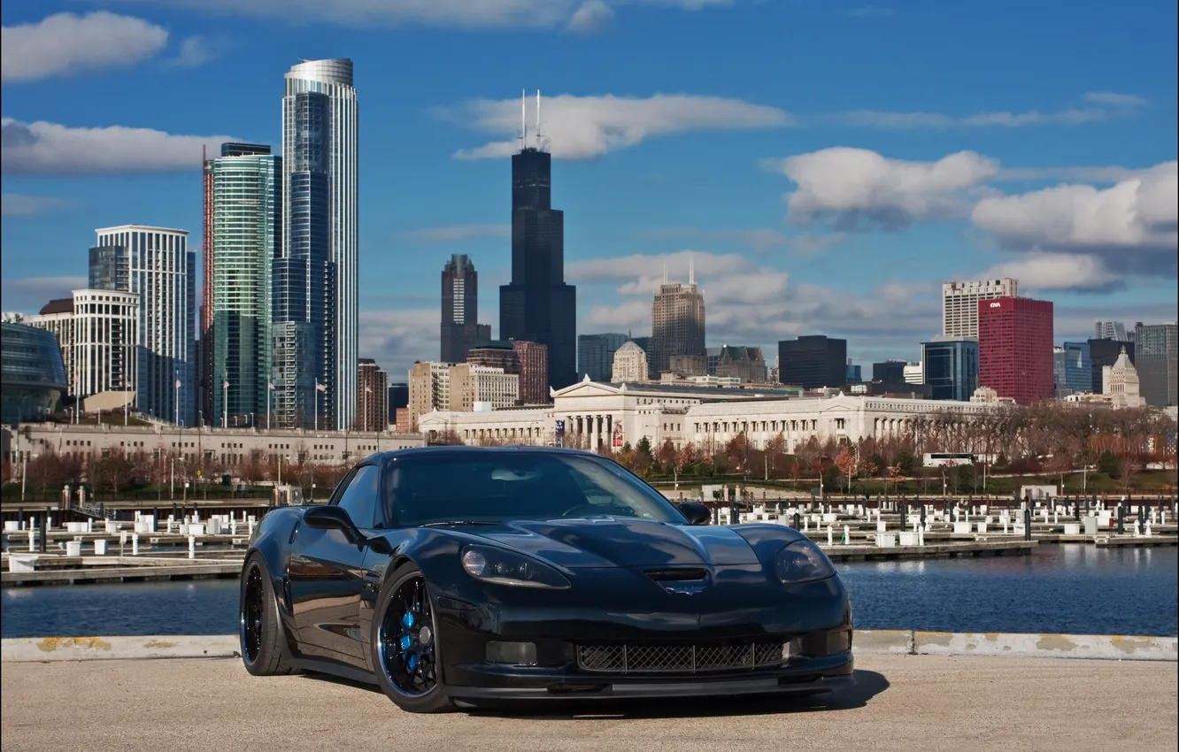 Photo wallpaper black, Chicago, Chevrolet, black, Chicago, promenade, Corvette, chevrolet.corvette