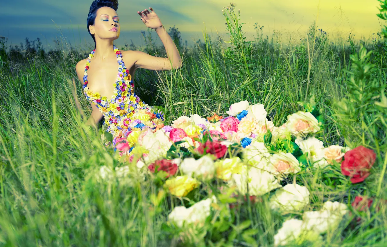 Photo wallpaper field, grass, girl, flowers, creative, the evening, makeup, dress
