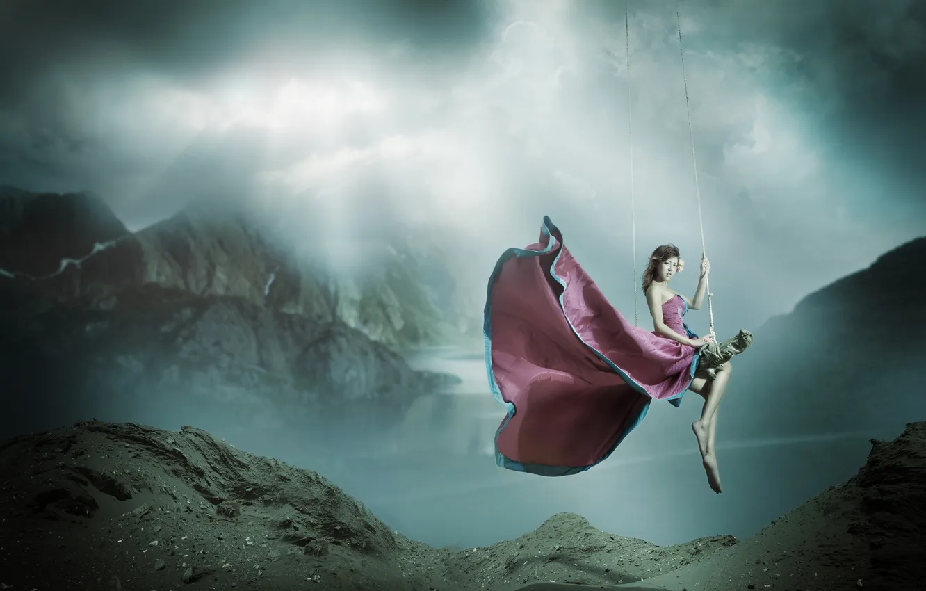 Photo wallpaper girl, background, swing