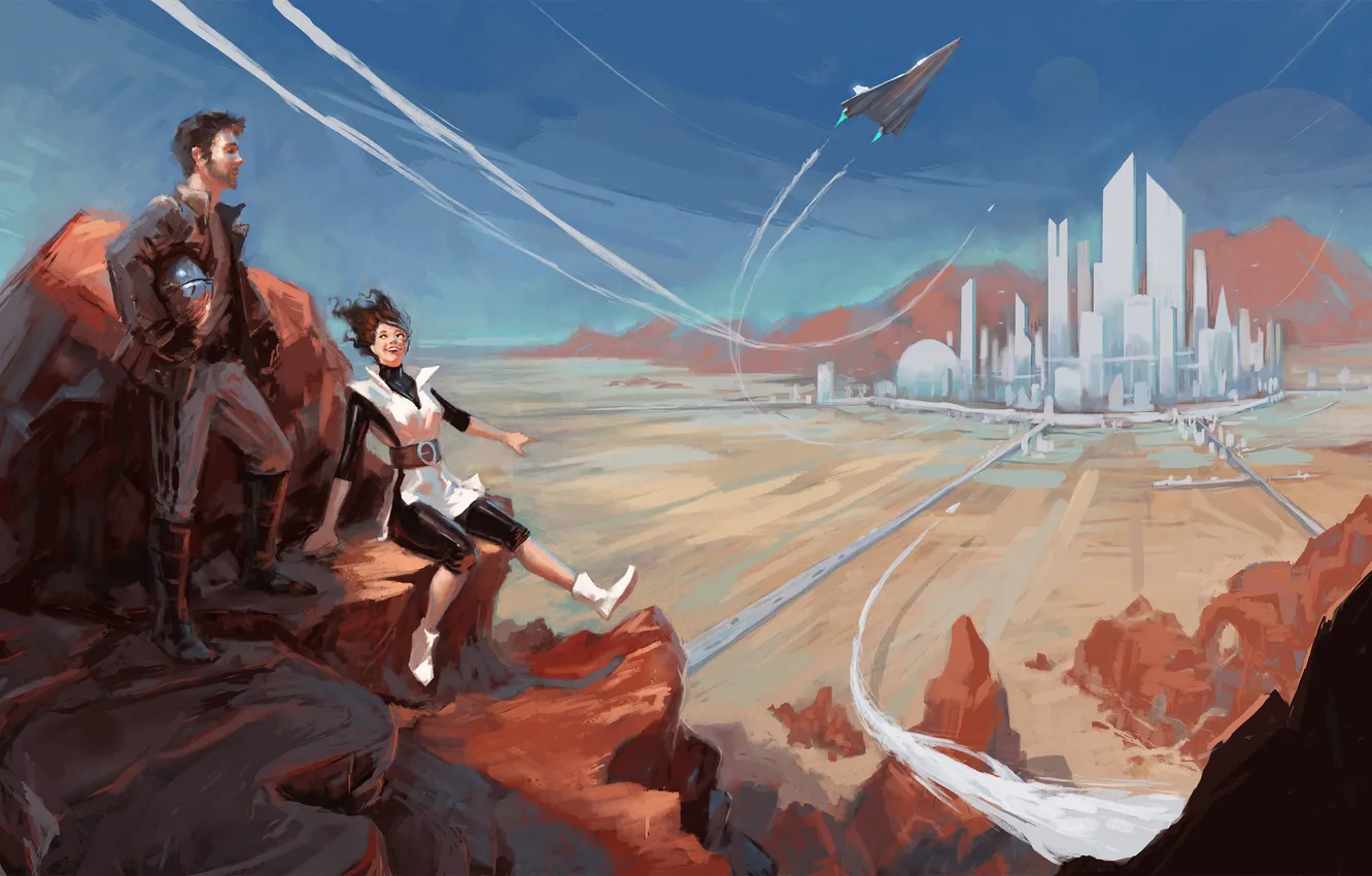 Photo wallpaper the sky, mountains, the city, future, fiction, people, art, the plane