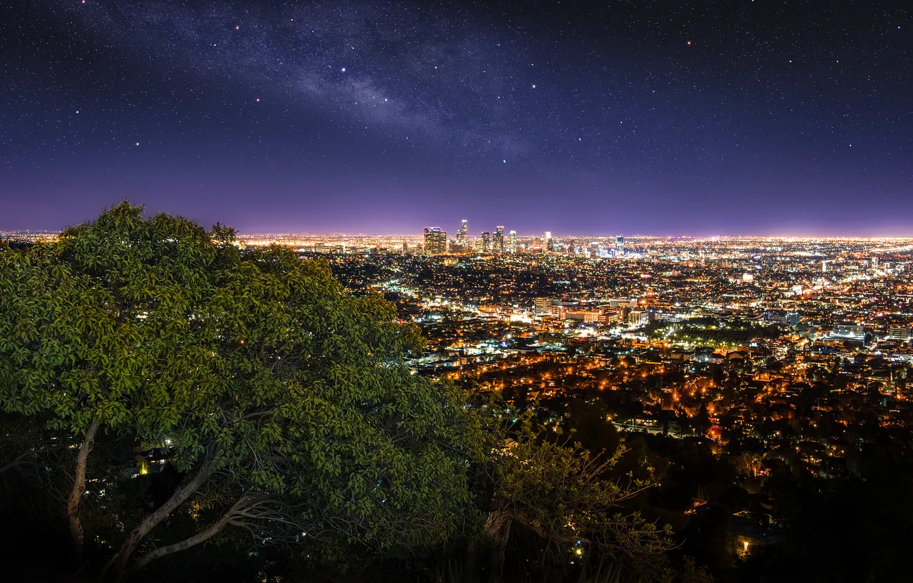 Photo wallpaper the city, Los Angeles, Griffith Observatory, panorama. lights