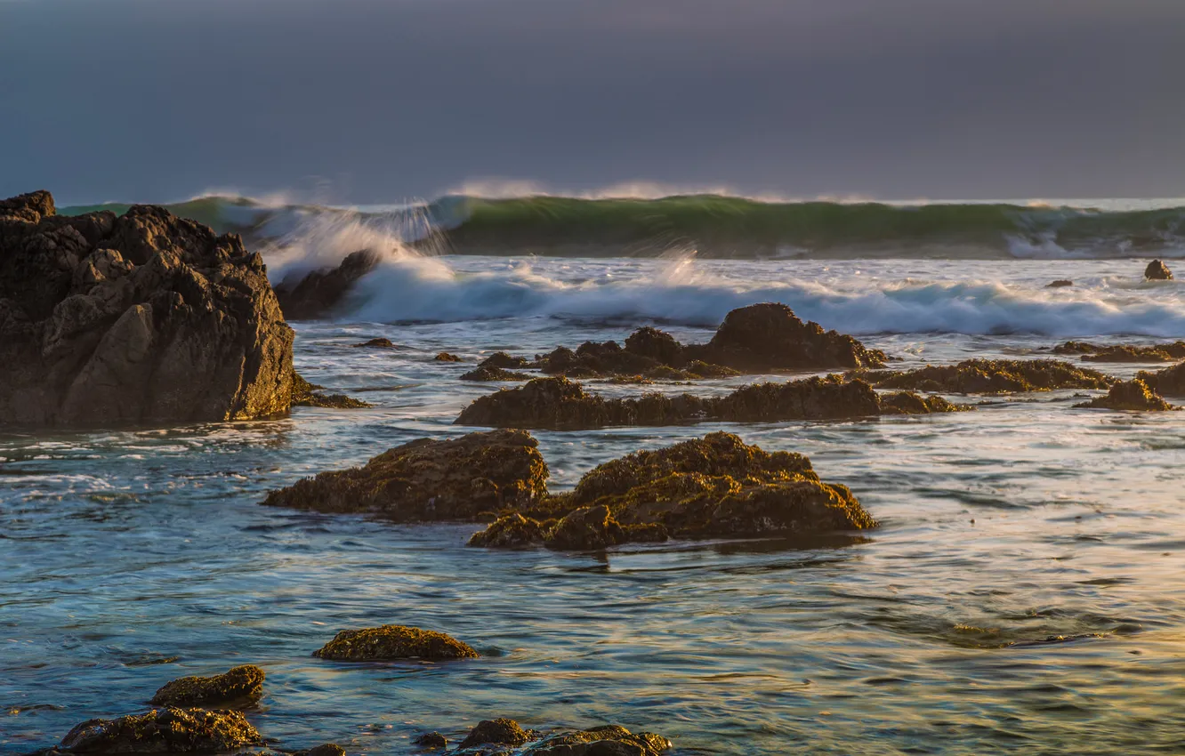 Photo wallpaper sea, wave, the sky, storm, stones, rocks