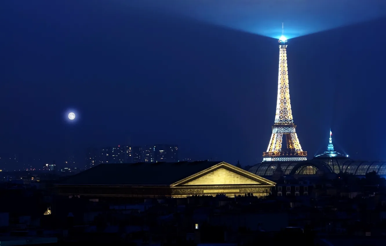 Photo wallpaper night, the moon, Paris, lighting, backlight, Eiffel tower