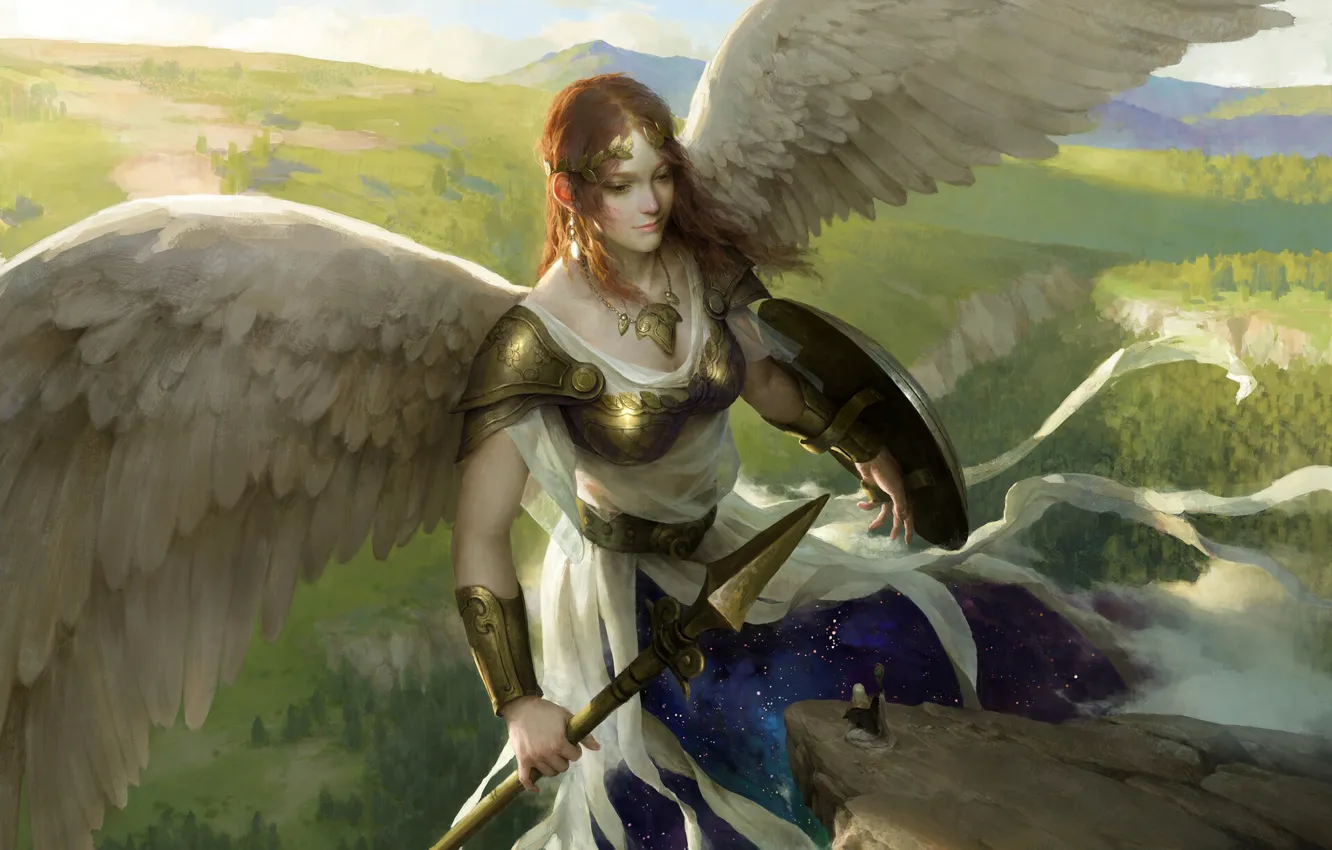 Photo wallpaper rocks, armor, MAG, spear, shield, the view from the top, Valkyrie, valkyria