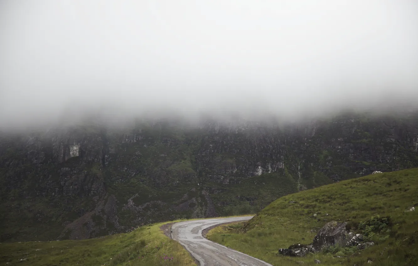 Photo wallpaper road, clouds, mountain, cliff