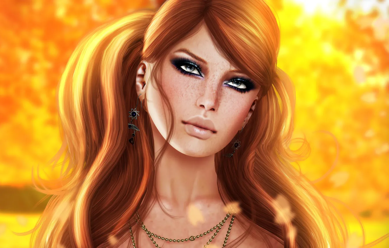 Photo wallpaper look, girl, face, rendering, background, hair, lips, freckles