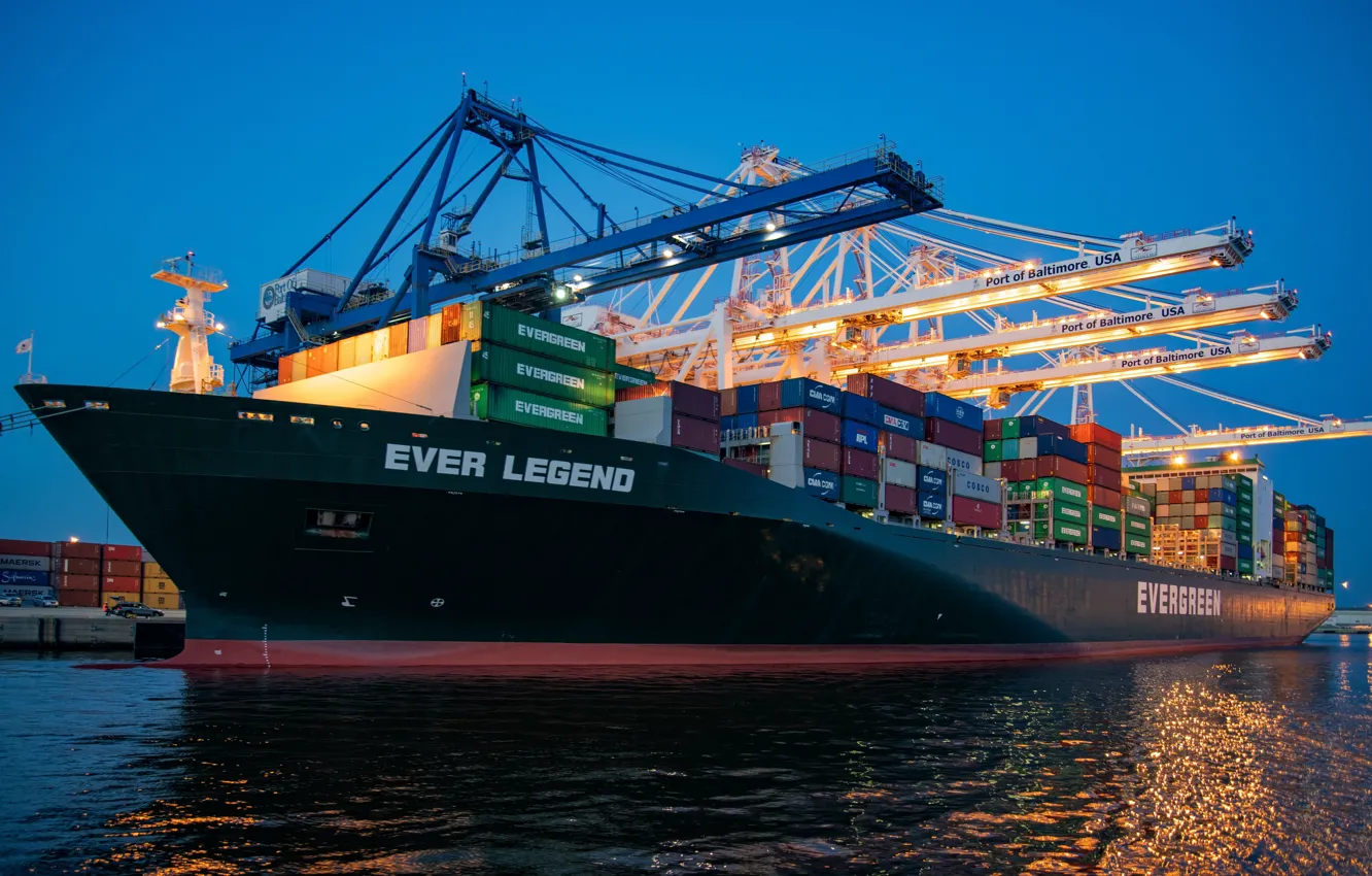 Photo wallpaper Port, Board, The ship, Port, Vessel, Evergreen, Cargo operations, Evergreen Marine Corporation