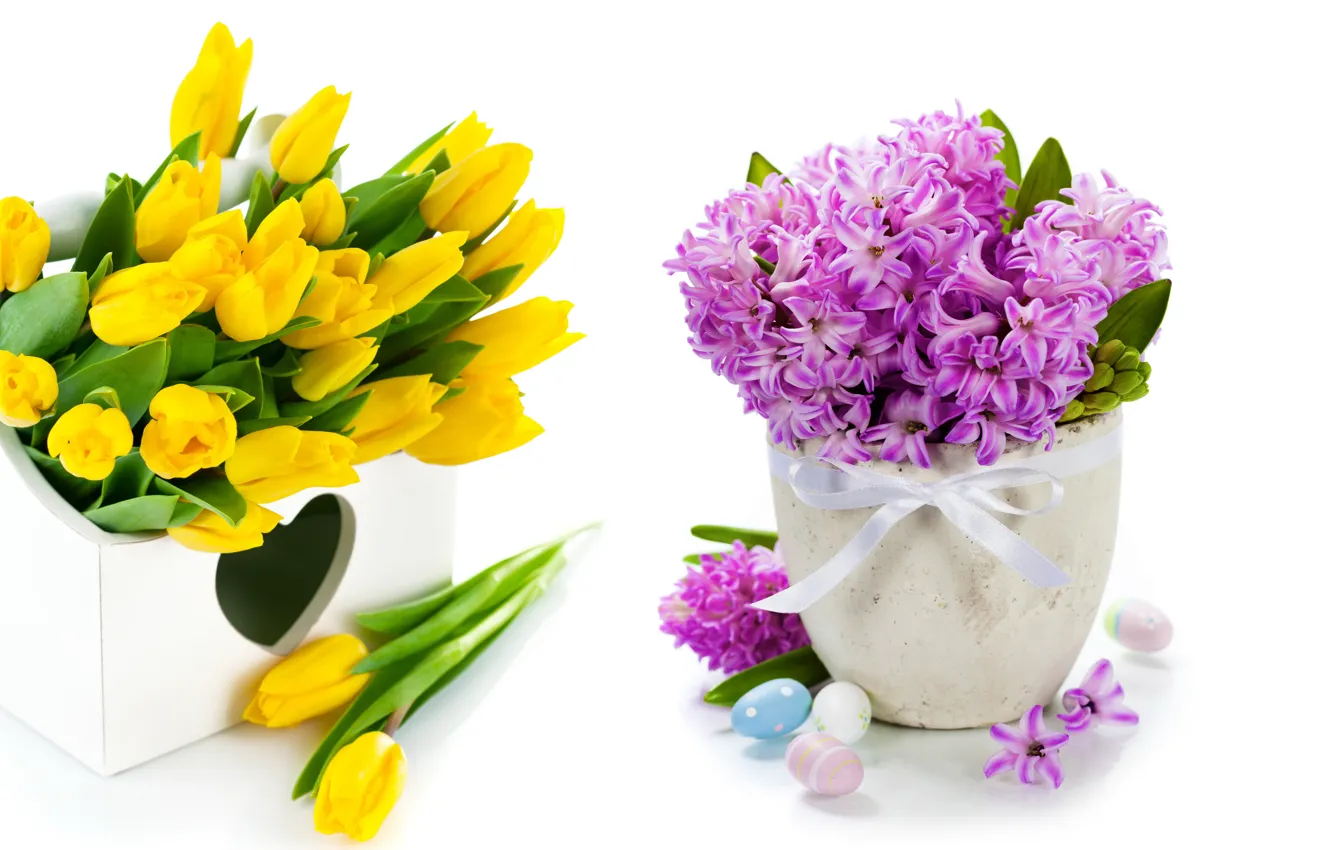 Photo wallpaper eggs, bouquet, tulips, flowers, tulips, spring, easter, hyacinths