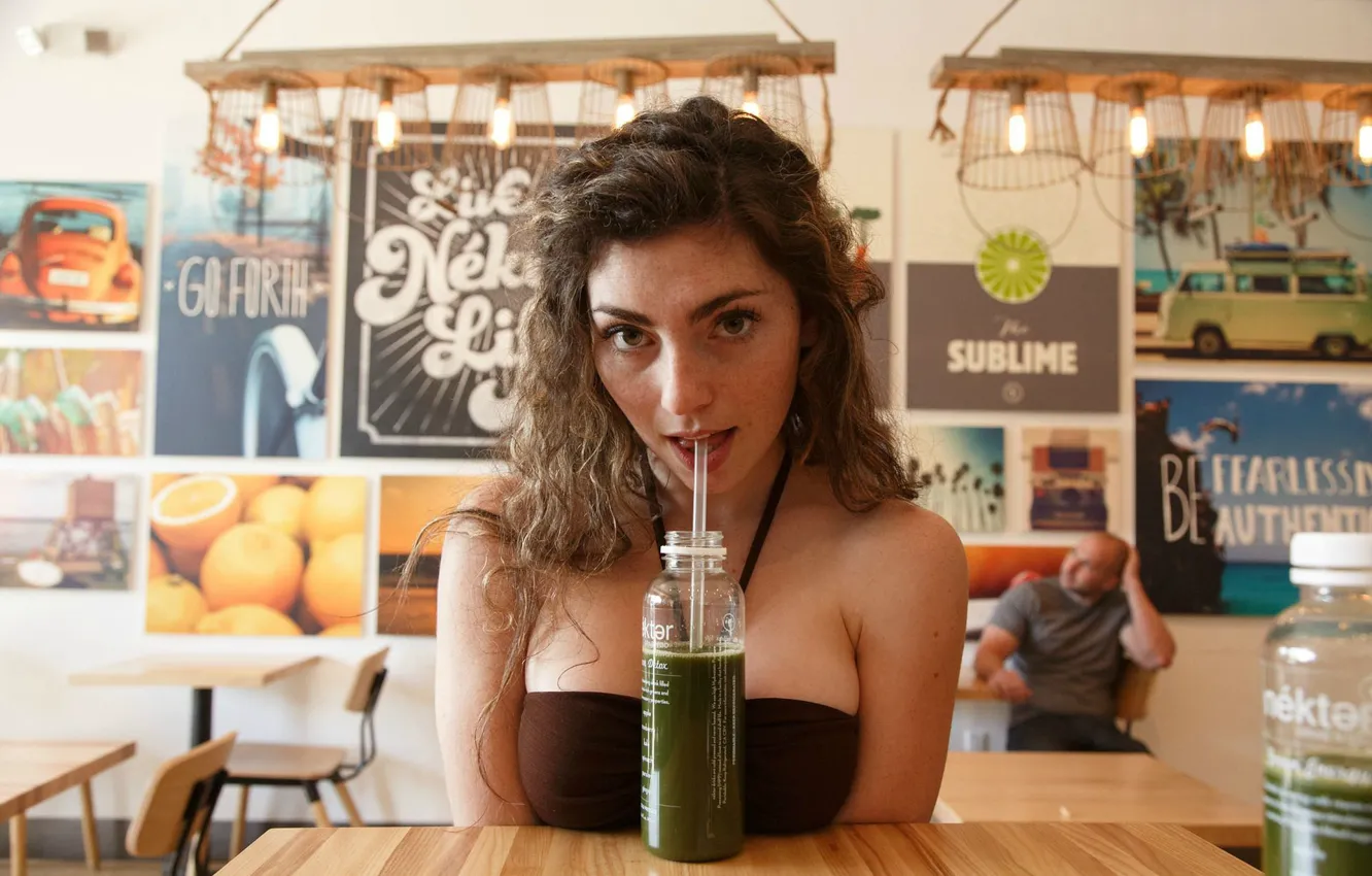 Photo wallpaper Girl, Chest, Look, Cocktail, Girl, Hair, Eyes, Drink