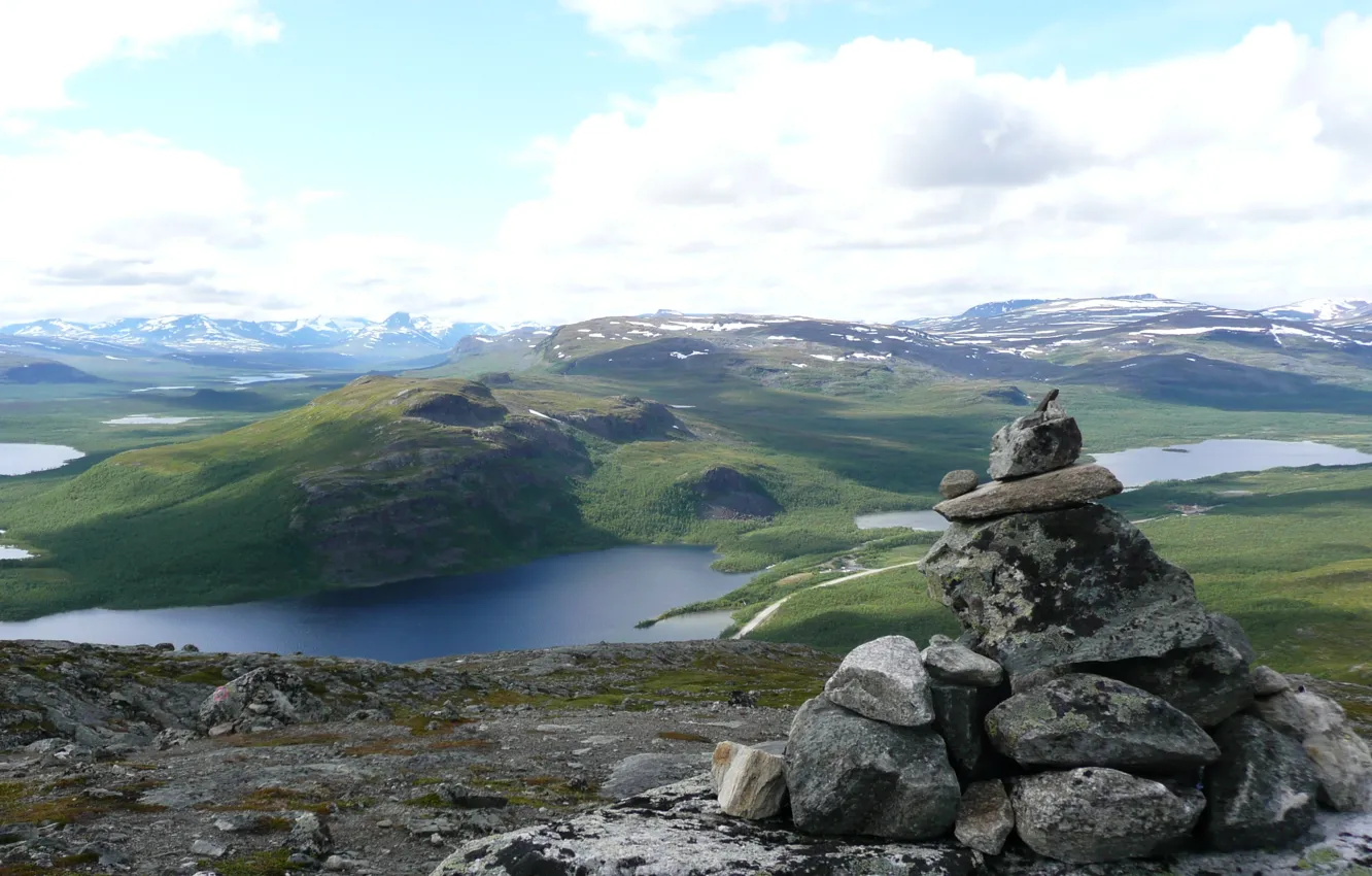 Photo wallpaper mountains, lake, hills