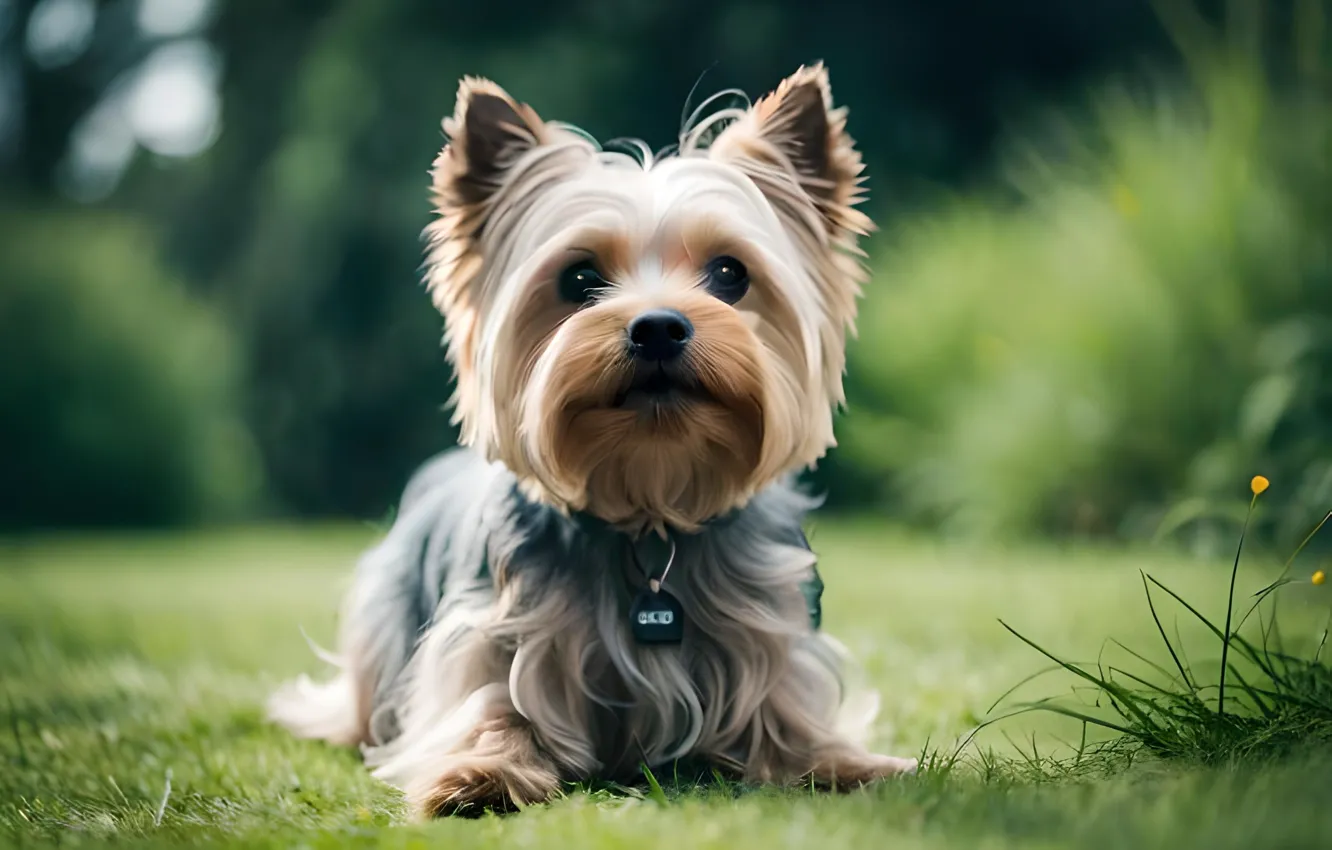 Photo wallpaper look, face, dog, Yorkshire Terrier, digital art, AI art, The Art of Artificial Intelligence, neural …