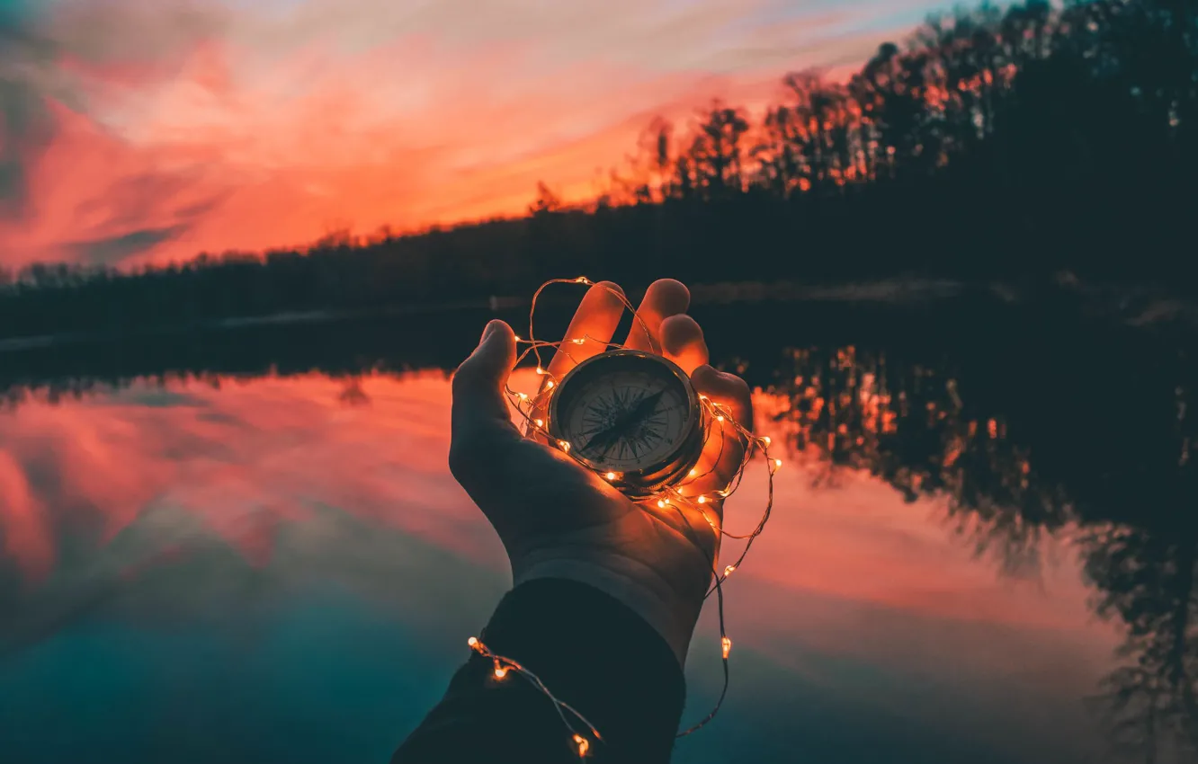Photo wallpaper forest, water, trees, sunset, lake, shore, hands, garland