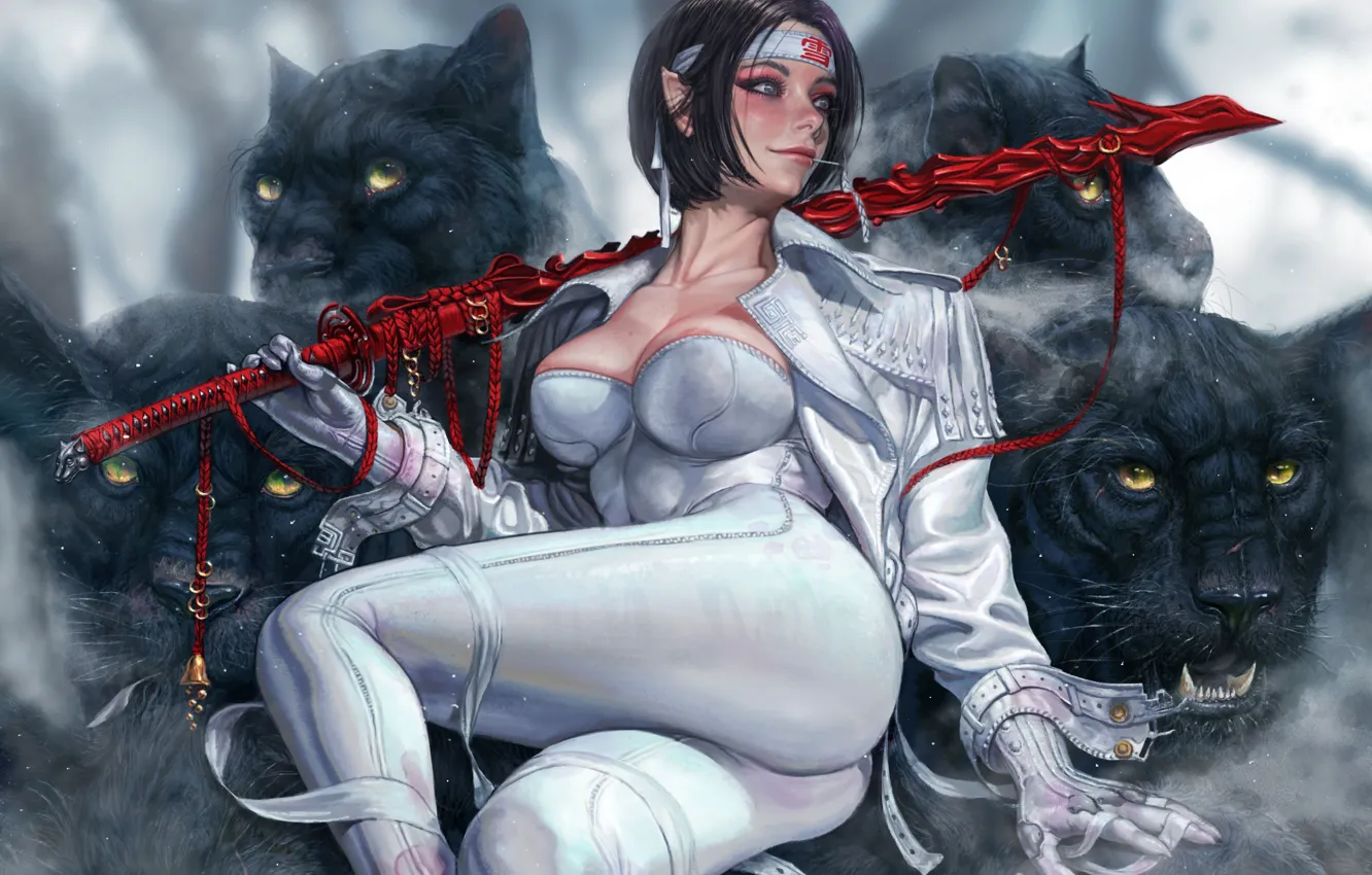 Photo wallpaper girl, style, fiction, predator, katana, Panther, girl, sword