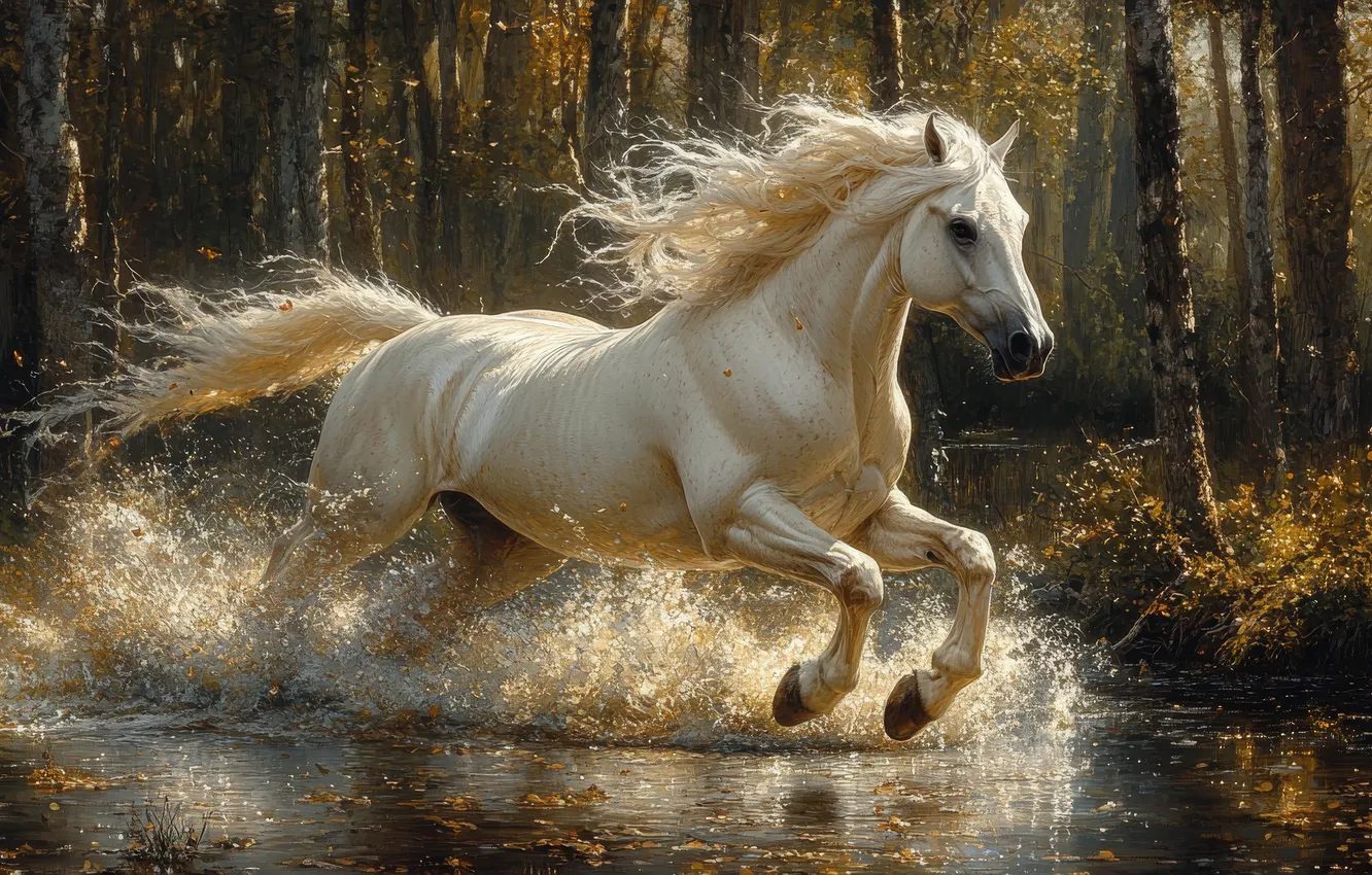 Photo wallpaper autumn, forest, white, water, light, squirt, horse, horse