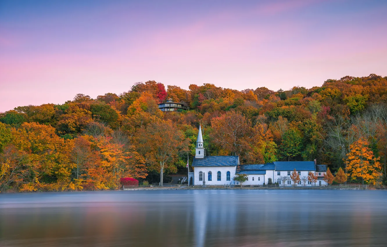 Photo wallpaper autumn, forest, Church, pond