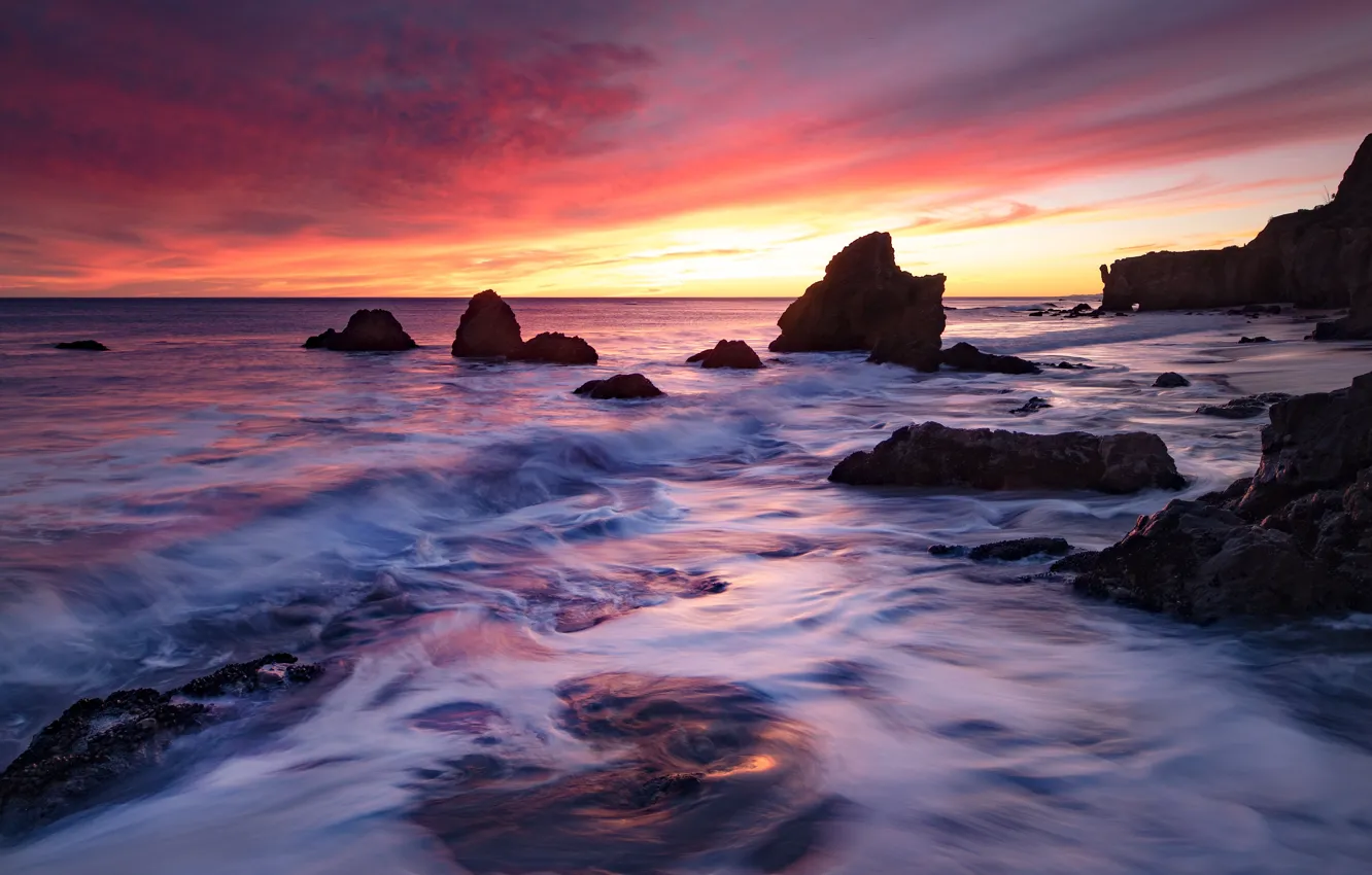 Photo wallpaper sea, wave, the sky, light, stones, rocks, shore, the evening