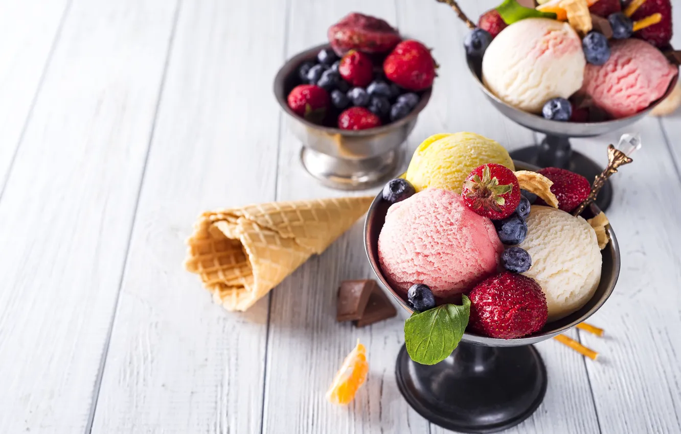 Photo wallpaper berries, strawberry, ice cream, horn, blueberries