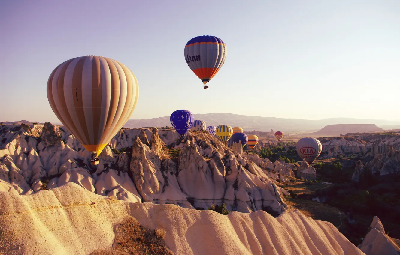 Photo wallpaper the sky, flight, landscape, sunset, mountains, nature, balloon, horizon