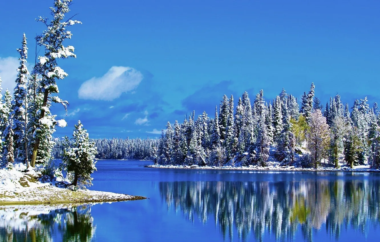 Photo wallpaper winter, the sky, snow, trees, landscape, lake