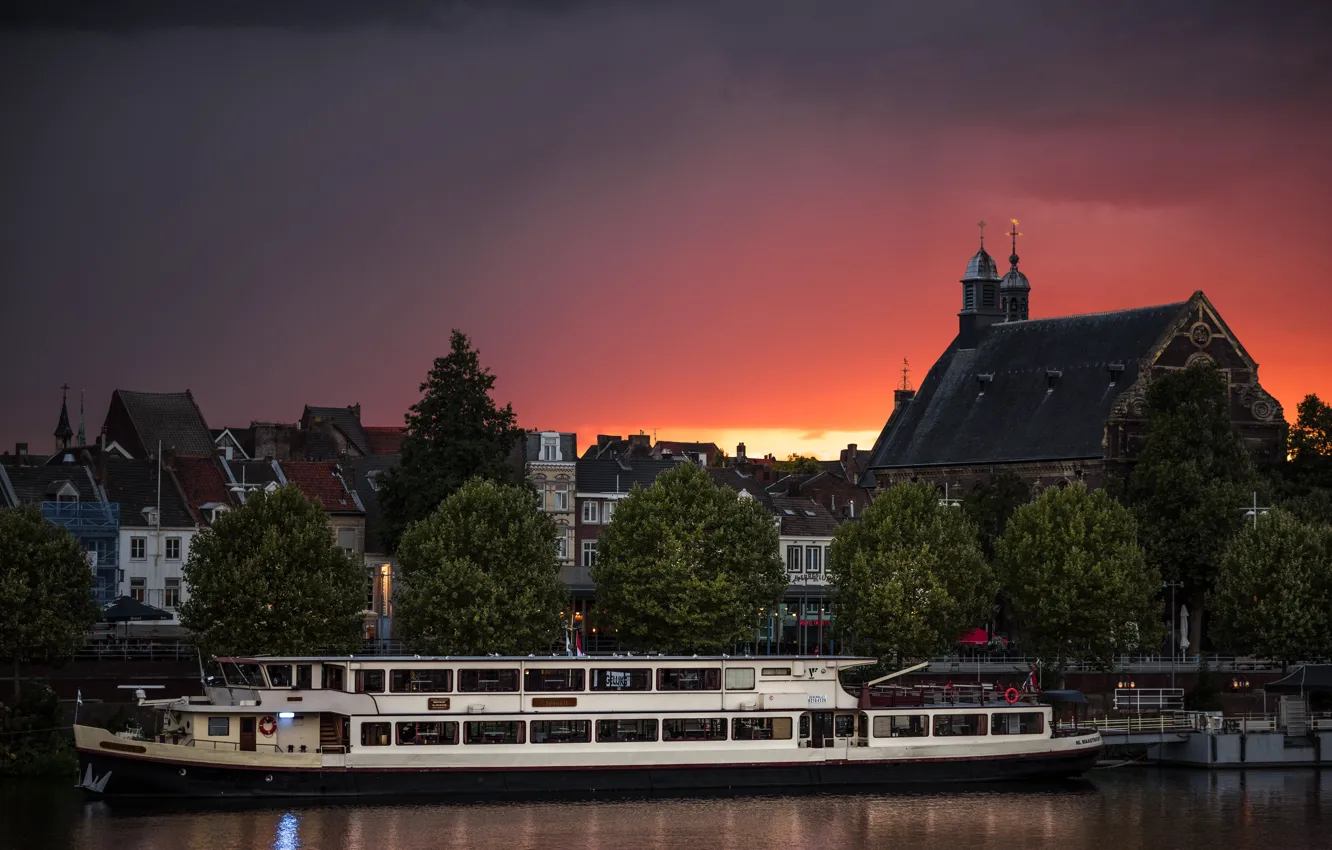 Photo wallpaper the sky, sunset, clouds, river, home, the evening, pier, glow