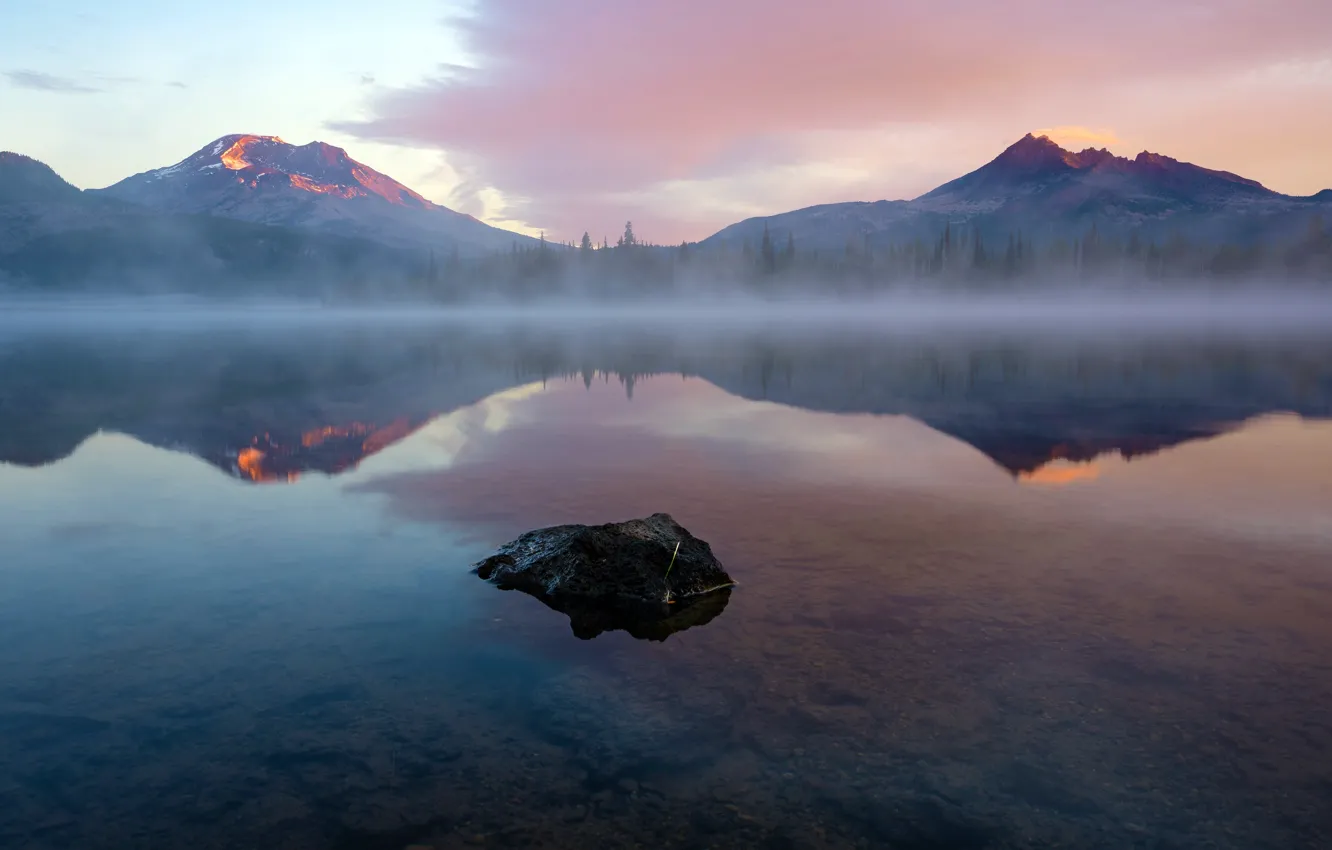 Photo wallpaper mountains, lake, reflection, stones, haze, stone, water surface, mountains
