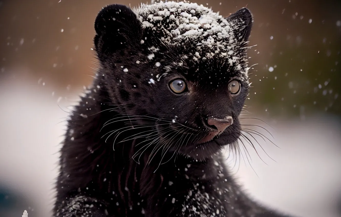 Photo wallpaper Panther, cub, It's snowing