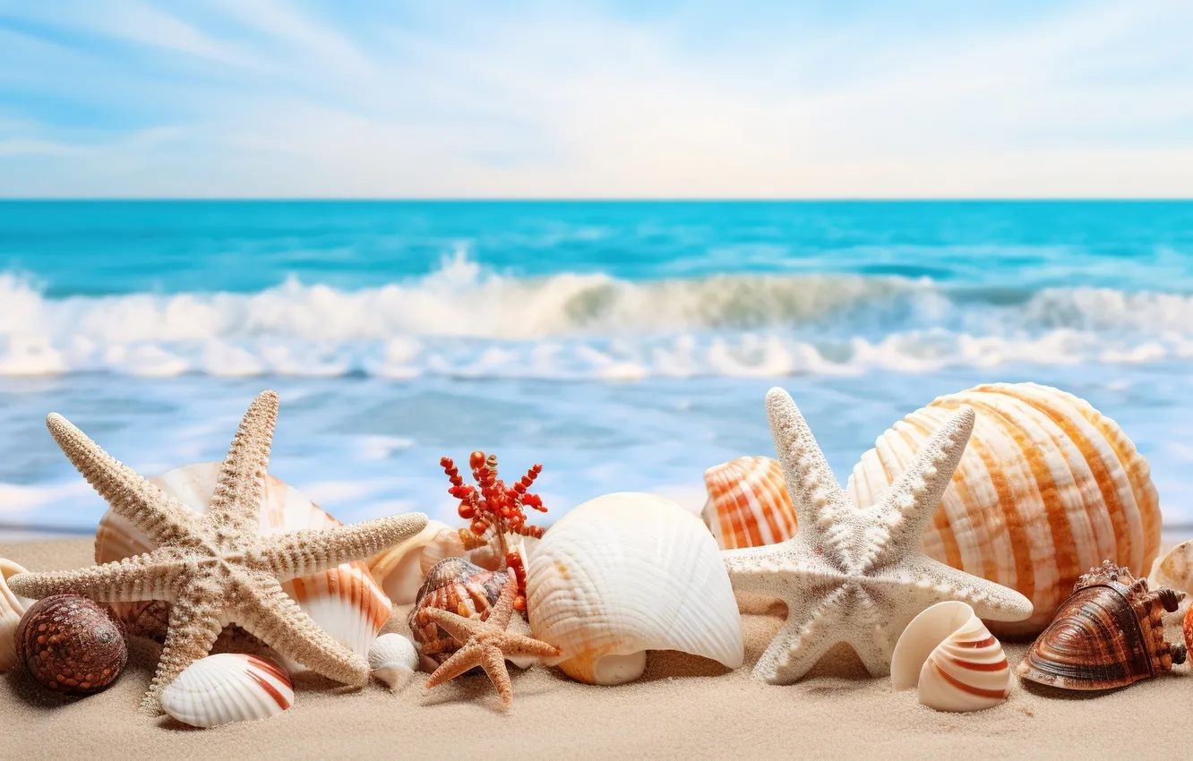 Photo wallpaper sand, sea, beach, summer, the sky, shore, shell, summer