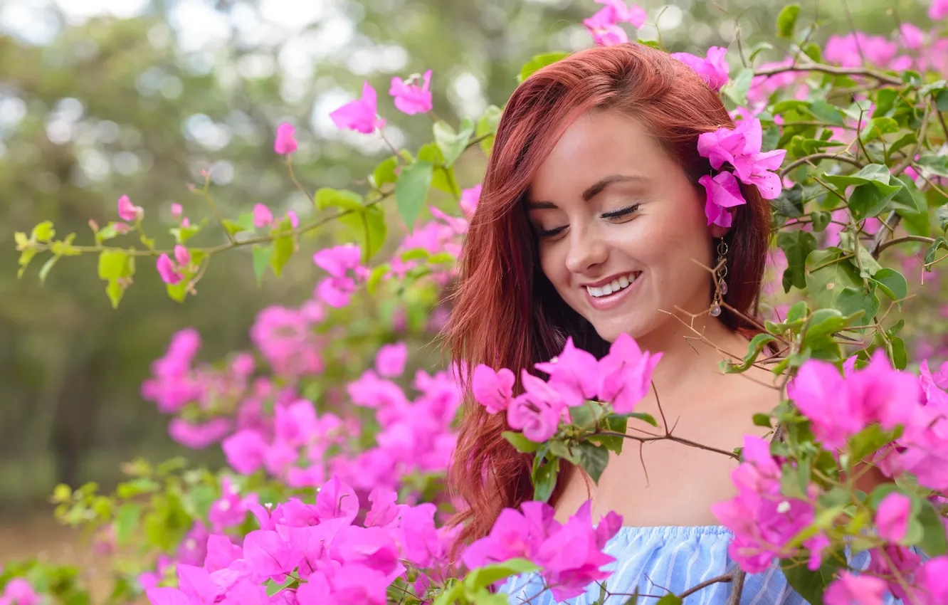 Photo wallpaper girl, smile, flowering, bokeh, Roisin Neville