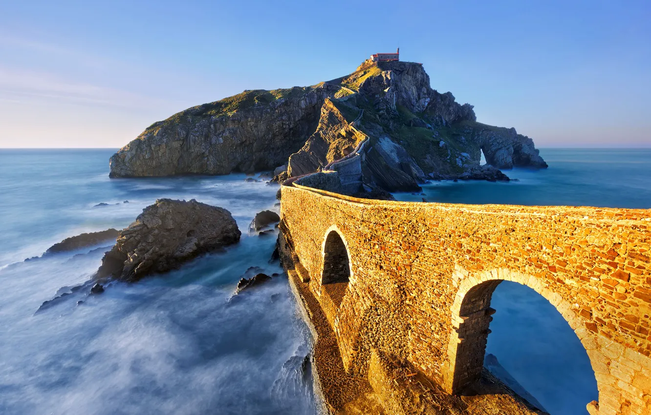 Photo wallpaper sea, bridge, rocks, island, arch, Spain, Basque Country, Bermeo