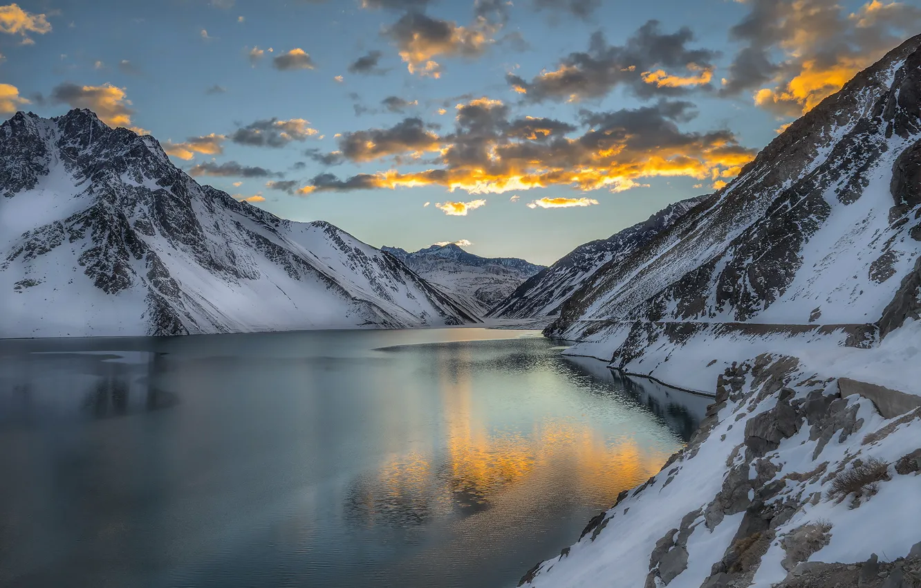 Photo wallpaper mountains, lake, morning