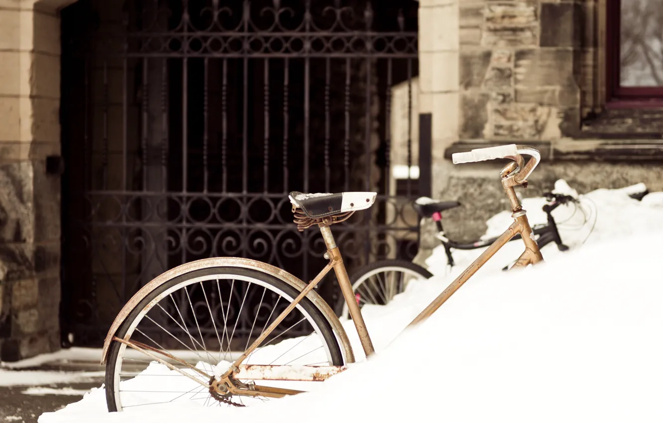Photo wallpaper winter, snow, bike, the city, the building, gate