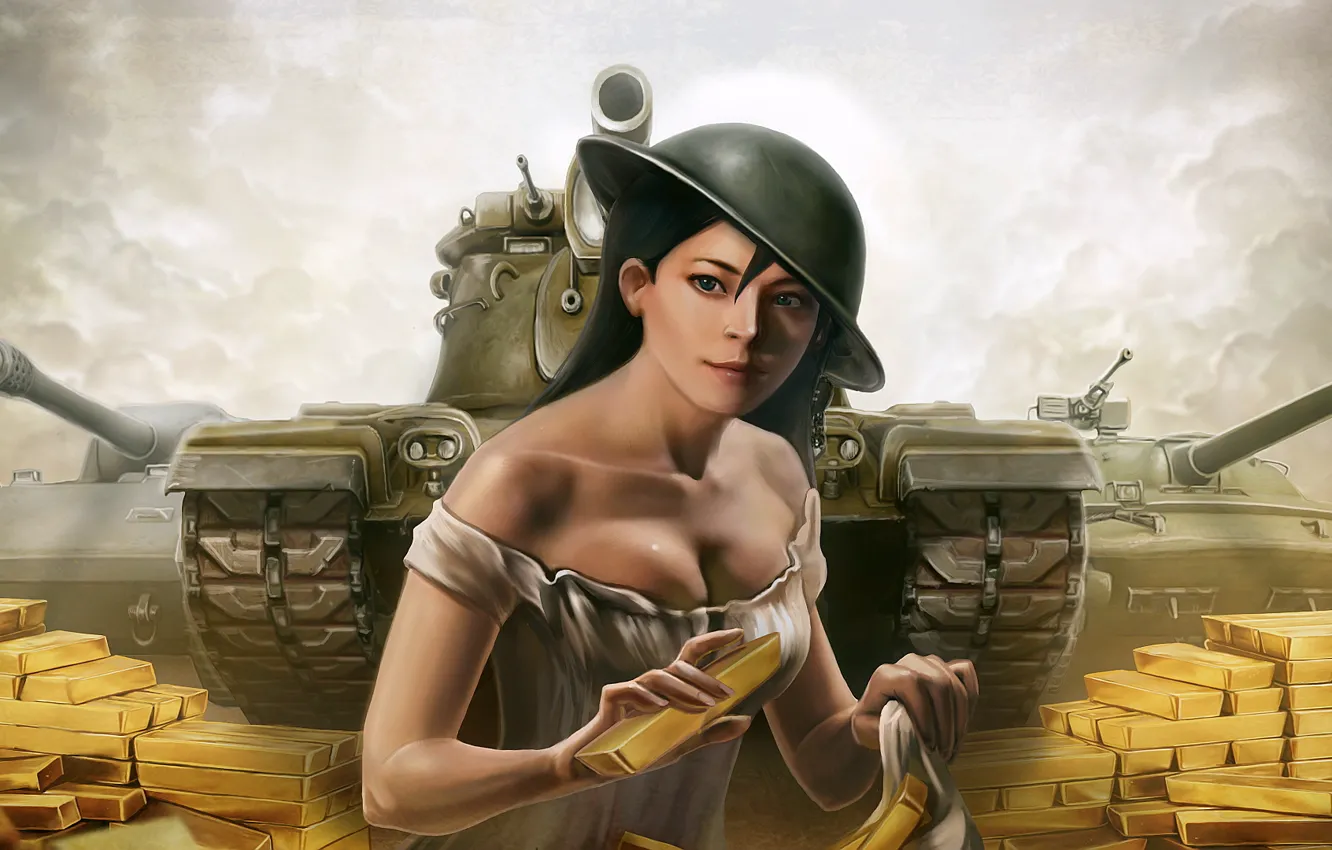 Photo wallpaper girl, gold, figure, art, bars, helmet, tanks, World of Tanks