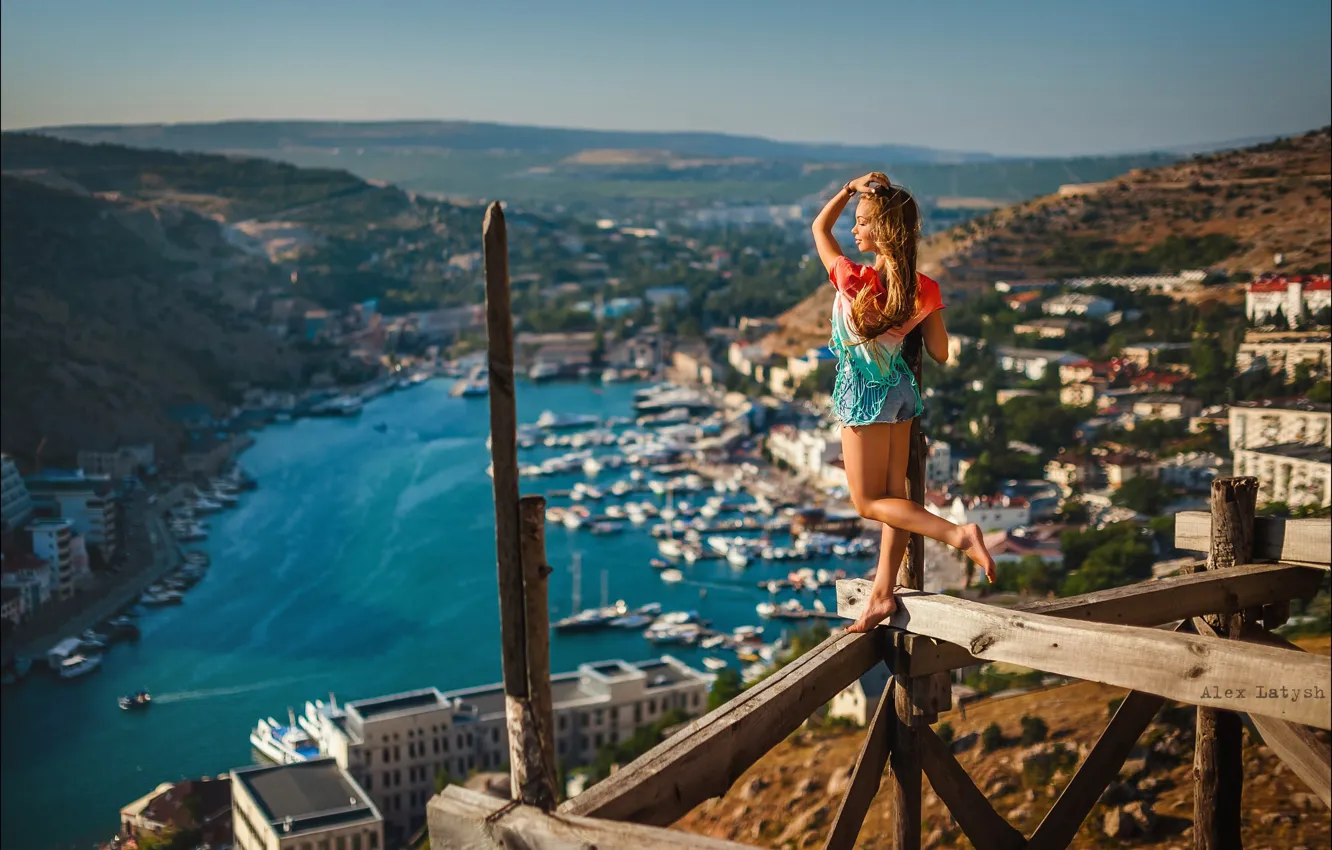 Photo wallpaper forest, girl, the city, pose, mood, Board, the situation, panorama