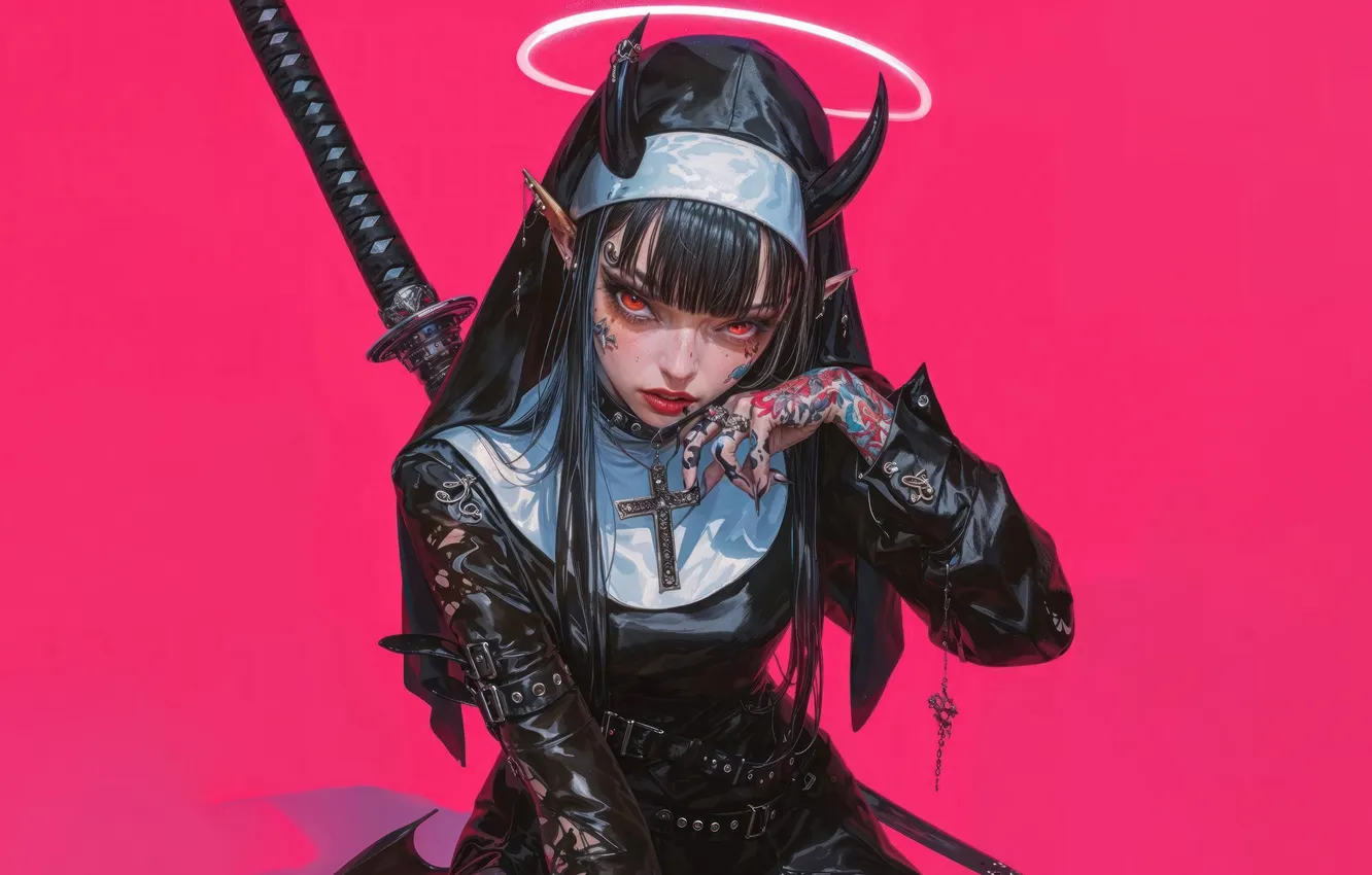 Photo wallpaper demon, devil, anime, katana, tattoo, anime girl, pink background, now