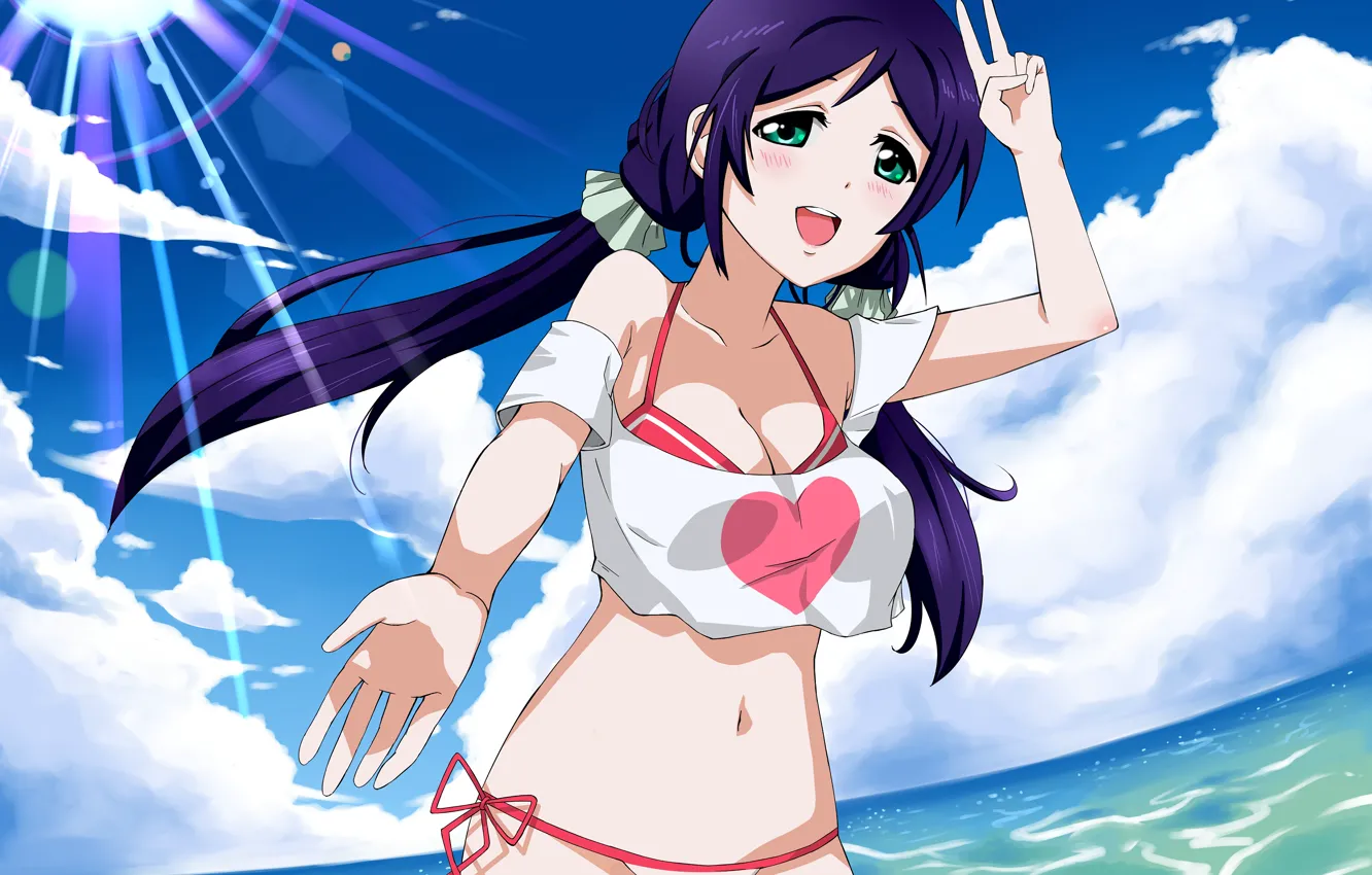 Photo wallpaper girl, sexy, cleavage, sky, green eyes, long hair, sea, boobs