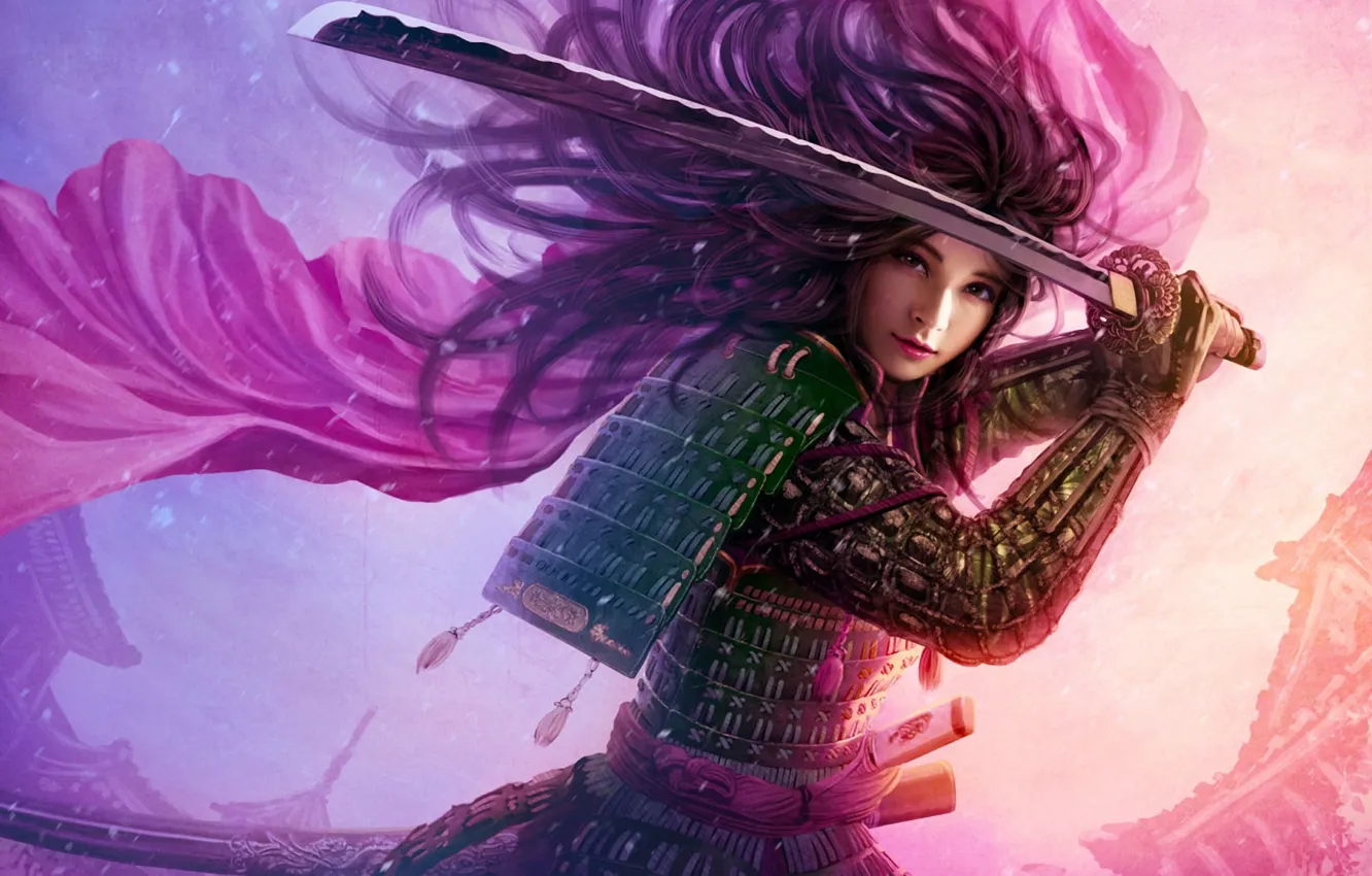 Photo wallpaper girl, the wind, hair, Asia, sword, katana, art, armor