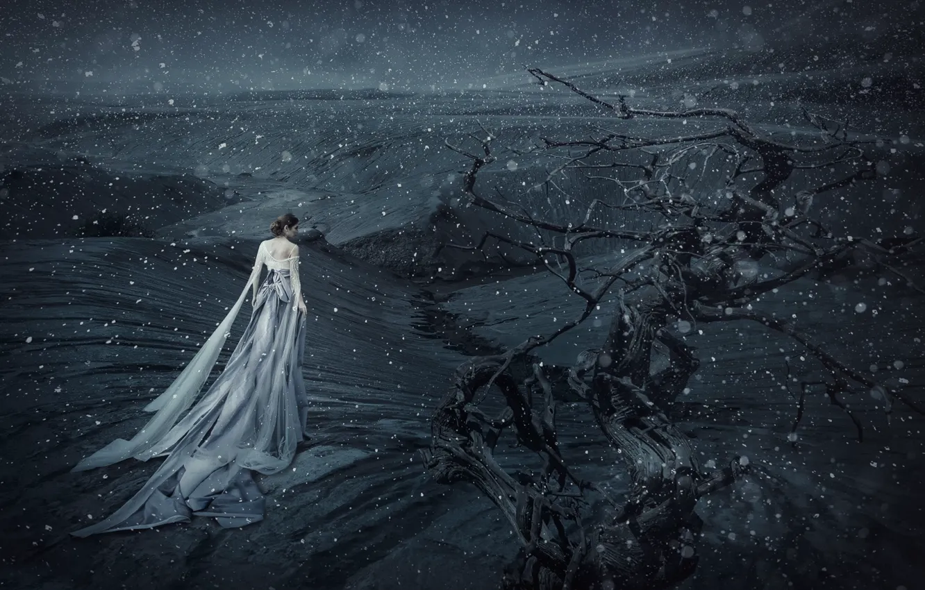 Photo wallpaper girl, snow, dress, Asian