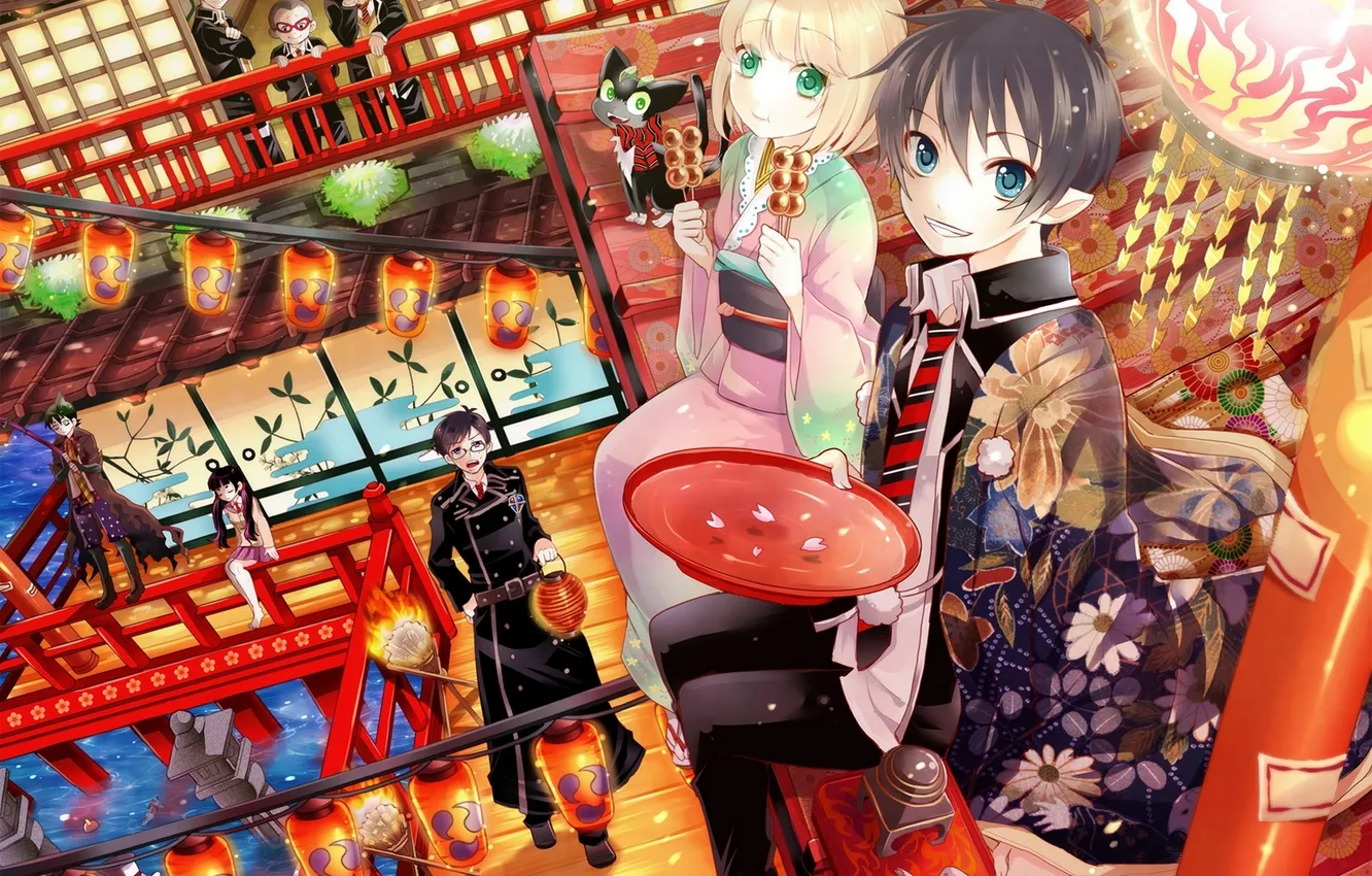 Photo wallpaper plate, lights, sweets, kimono, Ao no Exorcist, Blue exorcist