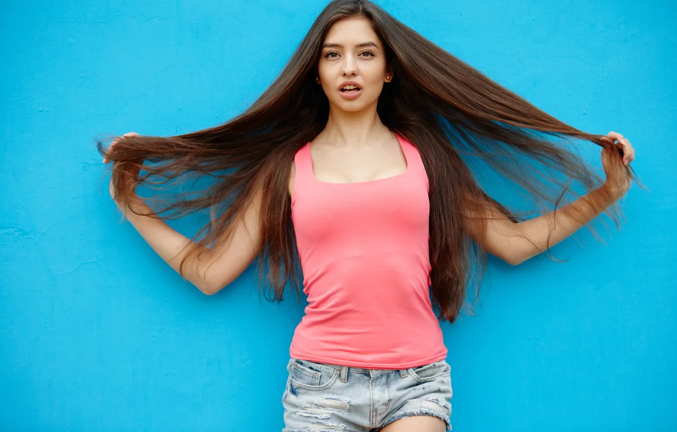 Photo wallpaper face, wall, hair, shorts, cutie, Darina