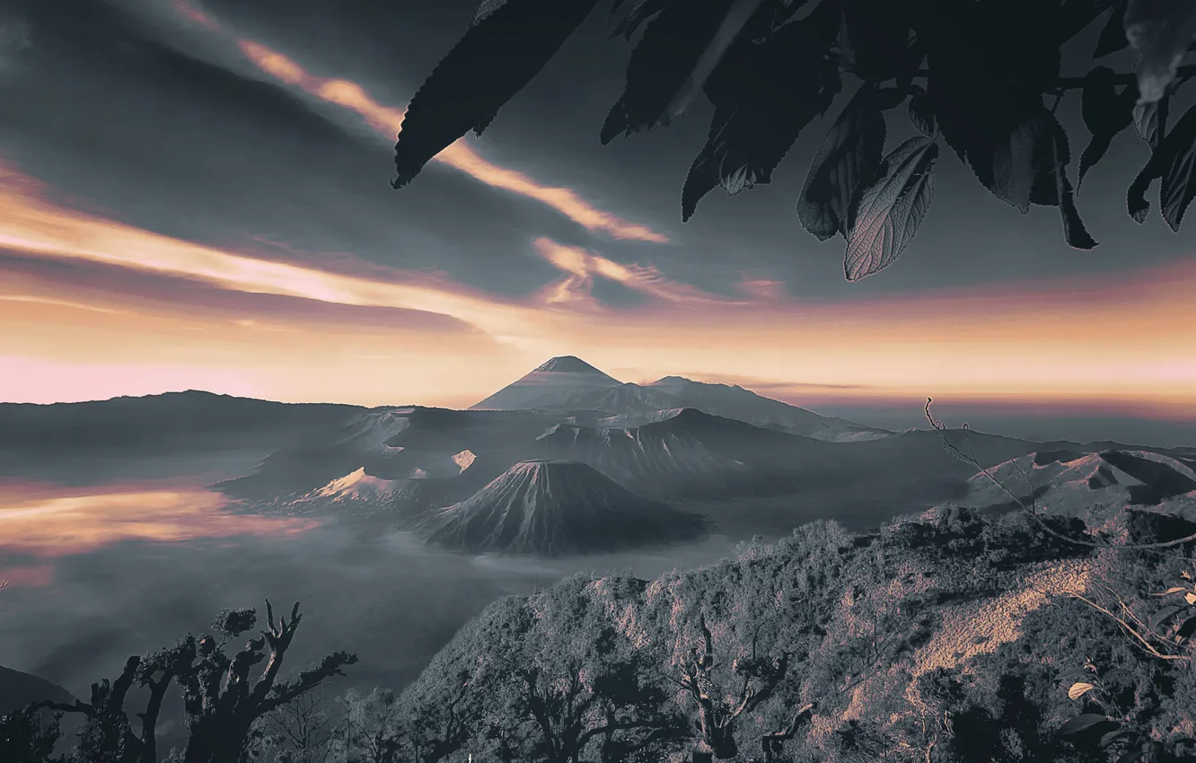 Photo wallpaper the sky, clouds, sunset, mountains, fog, the volcano