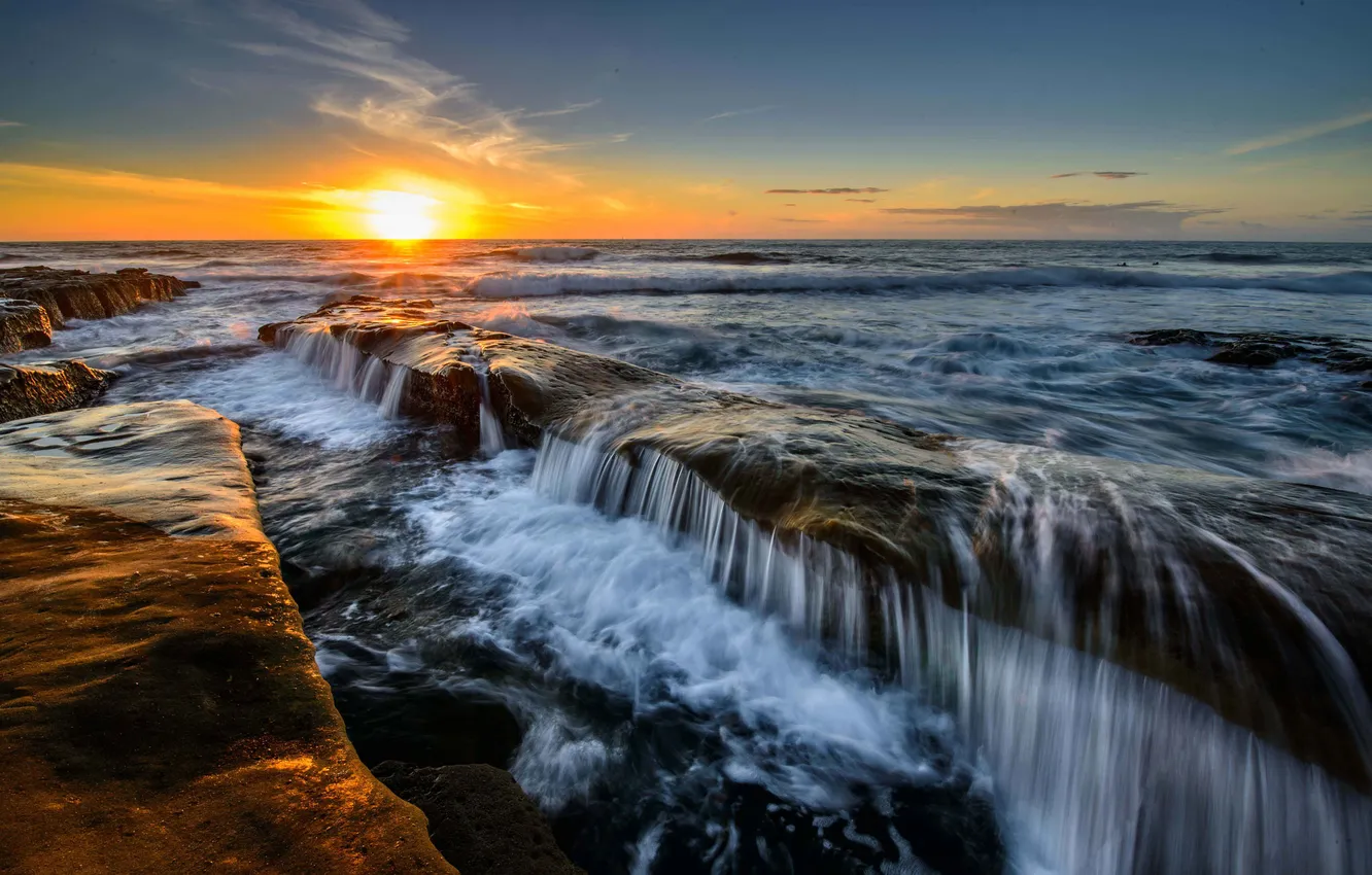 Photo wallpaper sea, the sky, the sun, sunset, rocks