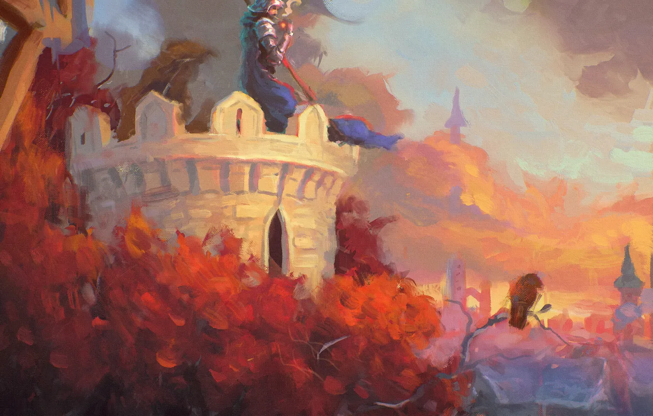 Photo wallpaper the sky, clouds, trees, sunset, bird, tower, art, axe