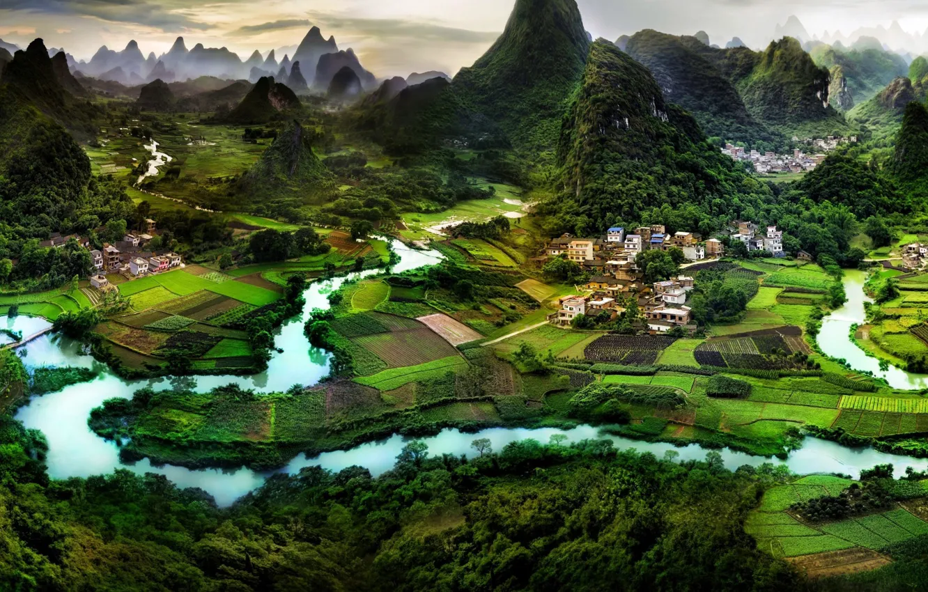 Photo wallpaper mountains, river, landscape, China, Guilin
