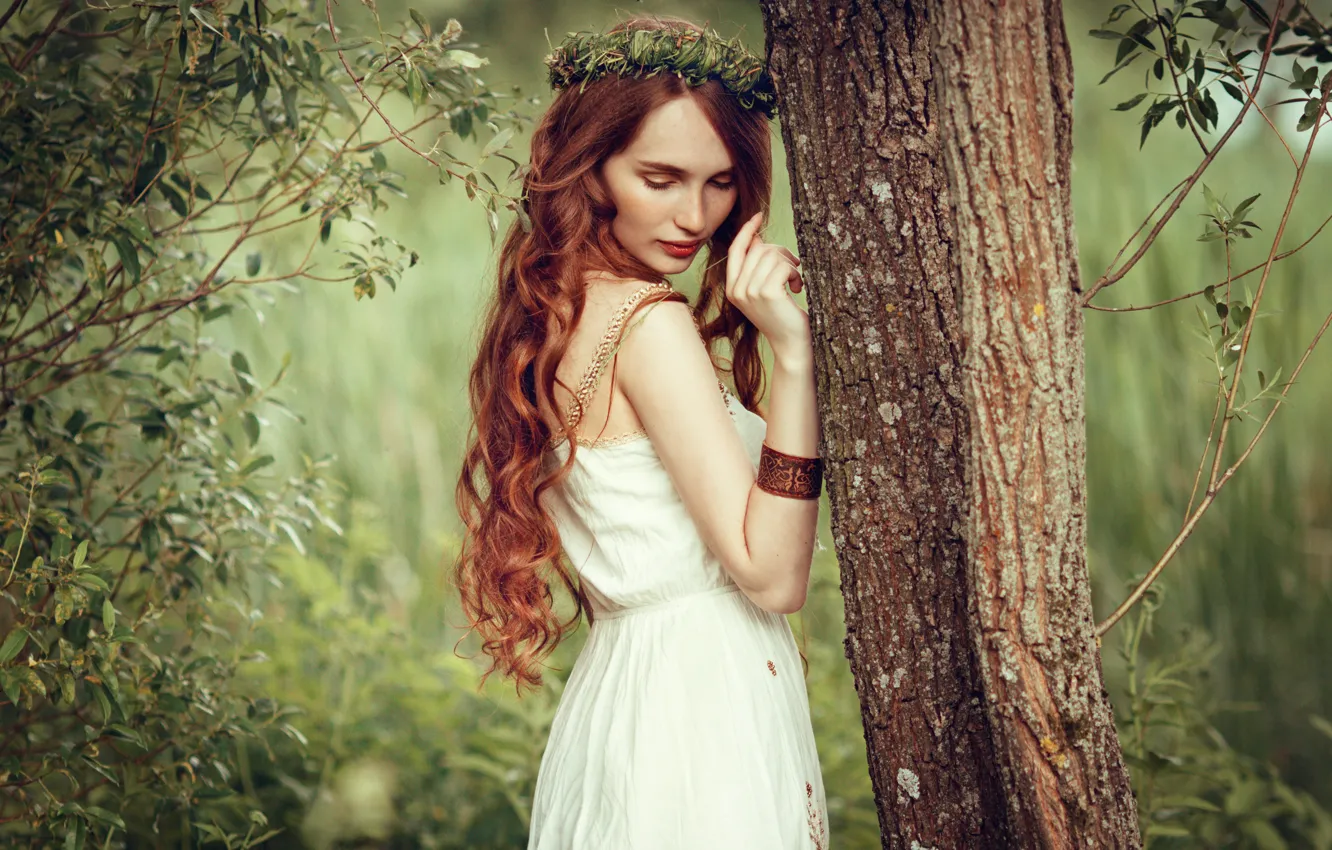 Photo wallpaper girl, nature, tree, mood, red, wreath, curls, sundress