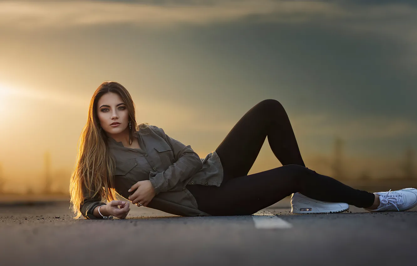 Photo wallpaper road, girl, sunset, sweetheart, sneakers, long-haired