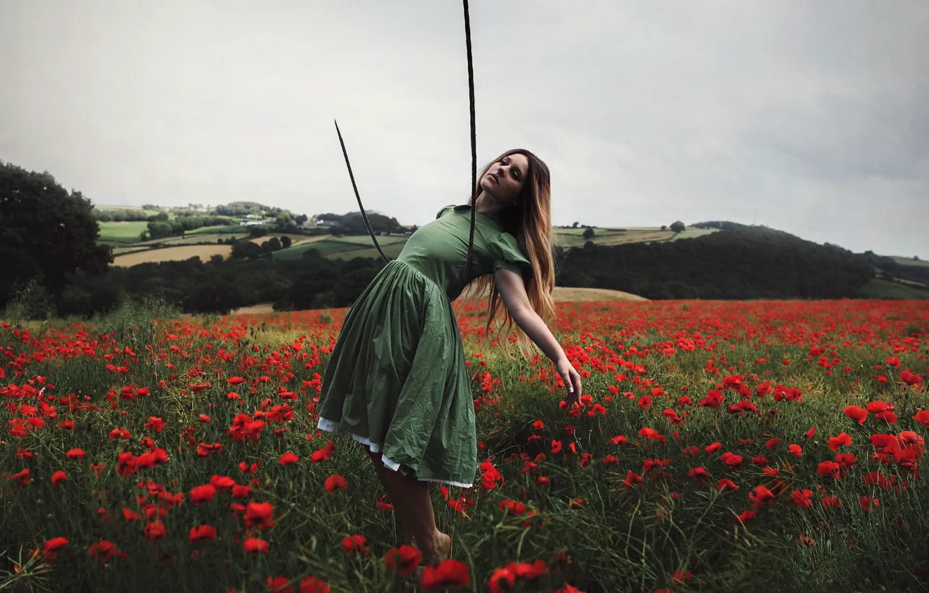 Photo wallpaper field, girl, Maki, rope